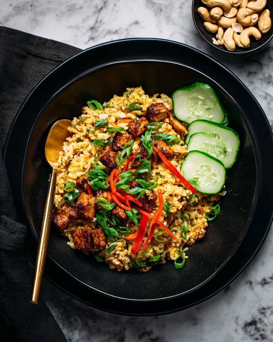 A black bowl on a black plate holds a colorful, mixed rice dish with about three main layers: the base is yellowish cooked rice, mixed with brown, grilled pieces of tofu or vegetables, and thin strips of red bell pepper. Green sliced herbs and scallions are scattered on top, adding a fresh contrast. Three green cucumber slices sit on the edge inside the bowl, and a gold spoon rests on the left side, partially inside the bowl. A small black bowl filled with cashews is placed at the top right corner, all set on a white marbled surface. photo taken with an iphone --ar 4:5 --v 7