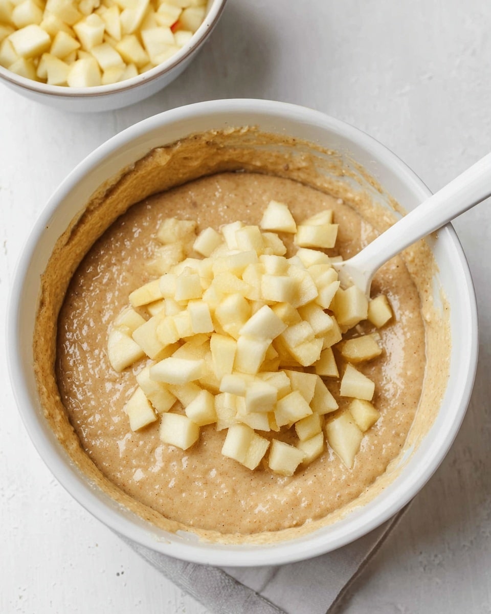 In a white bowl on a white marbled surface, there is a light brown, thick batter layer filling the bowl. On top of this batter sits a mound of small, pale yellow diced apple pieces. A white spoon lies partially buried in the batter near the apple pieces. In the background, there is another white bowl with more diced apples visible. photo taken with an iphone --ar 4:5 --v 7
