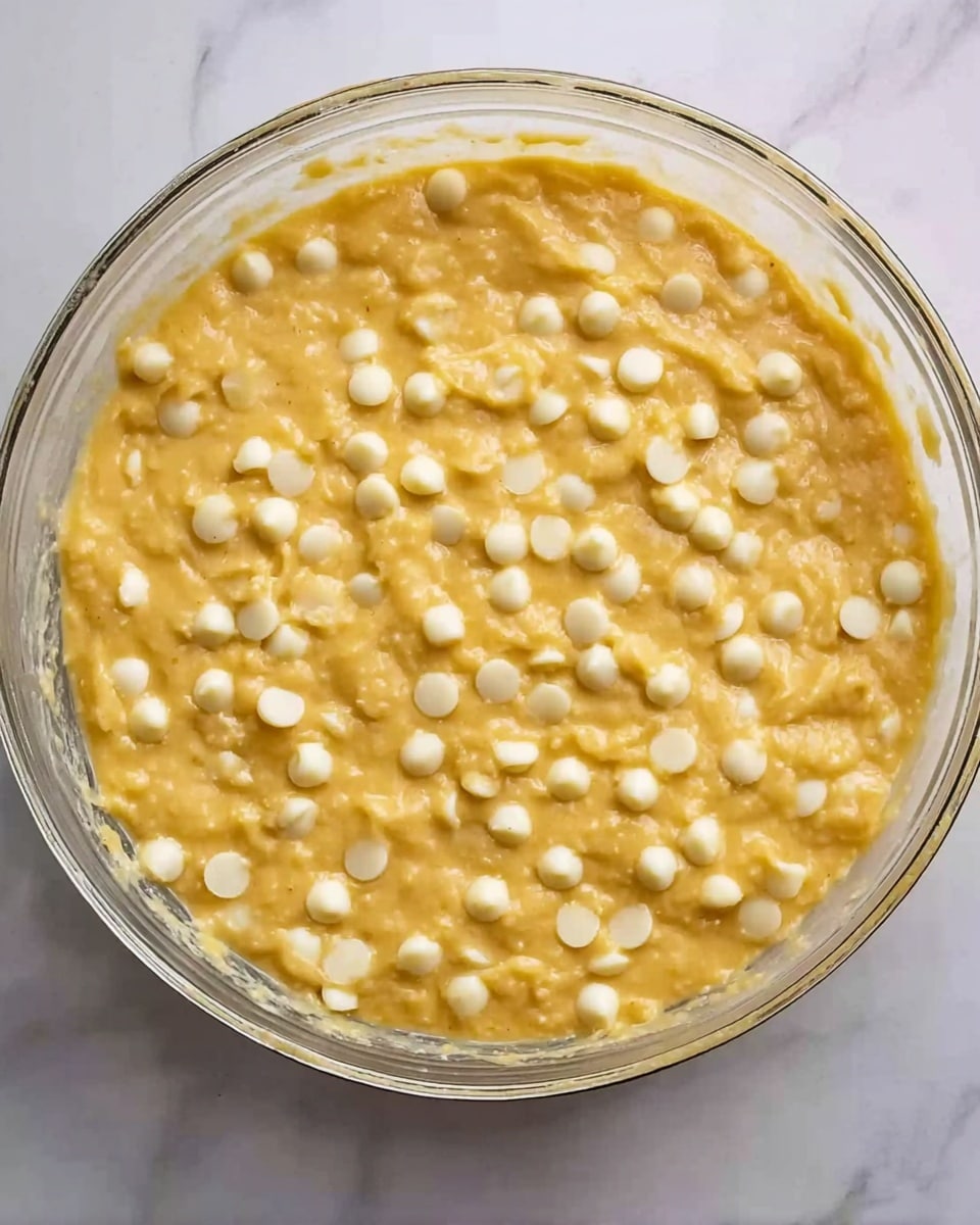 A clear glass bowl filled with thick, yellow batter studded with many smooth, round white chips spread evenly throughout. The batter has a slightly rough texture and fills the bowl almost to the top. The bowl is placed on a white marbled surface that adds a clean and bright background to the image. photo taken with an iphone --ar 4:5 --v 7