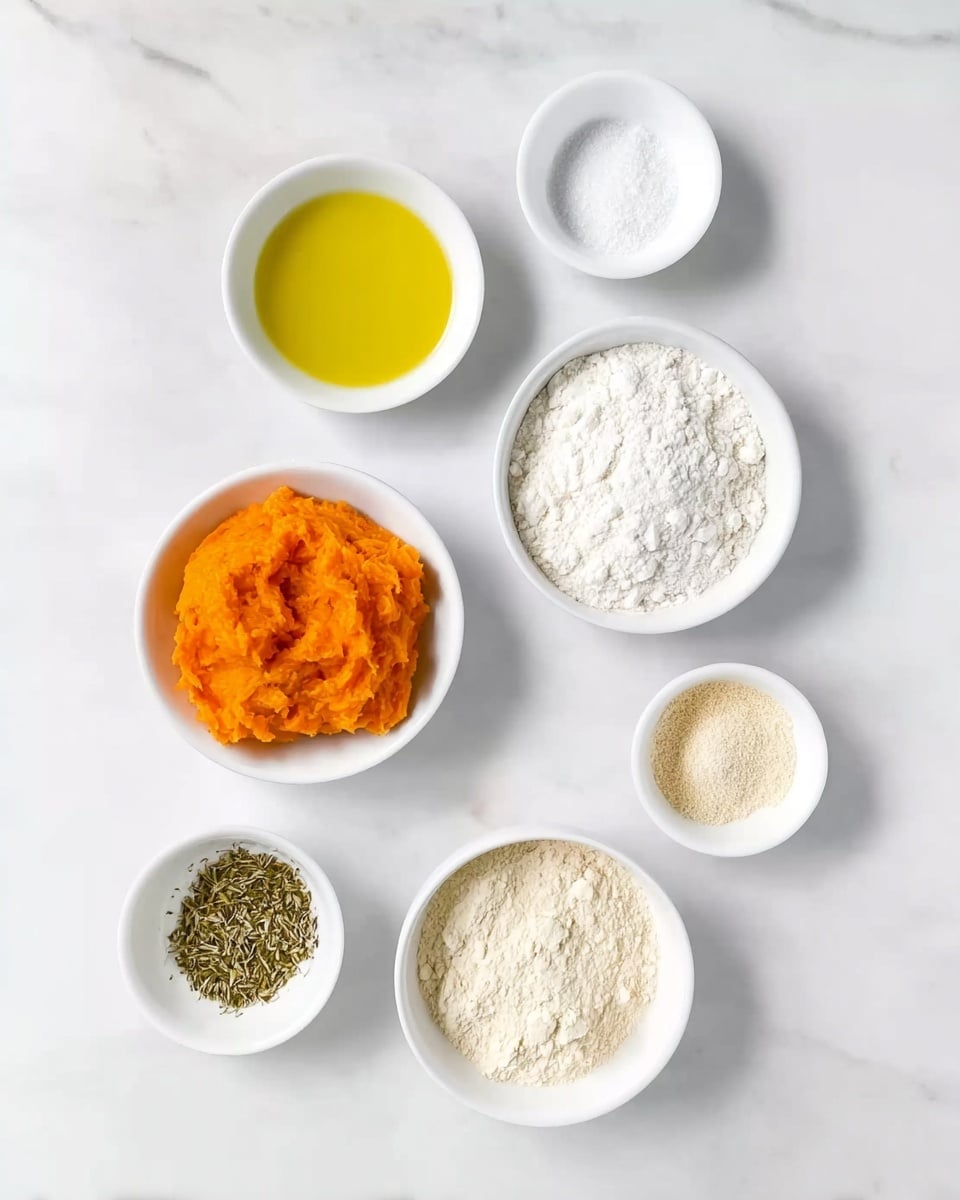 The image shows six small white bowls placed on a white marbled surface. In the top center is a bowl with clear yellow oil, below it to the left is a bowl with bright orange mashed sweet potatoes. In the center right, there is a bowl filled with white flour, and below that, a bowl with white granulated sugar. To the left of the sugar bowl, another bowl contains dried green herbs, and to the left of the flour bowl, there is a bowl with two small piles of white and light yellow powder spices. The arrangement is neat and evenly spaced, with soft natural lighting highlighting the textures and colors of each ingredient. Photo taken with an iphone --ar 4:5 --v 7