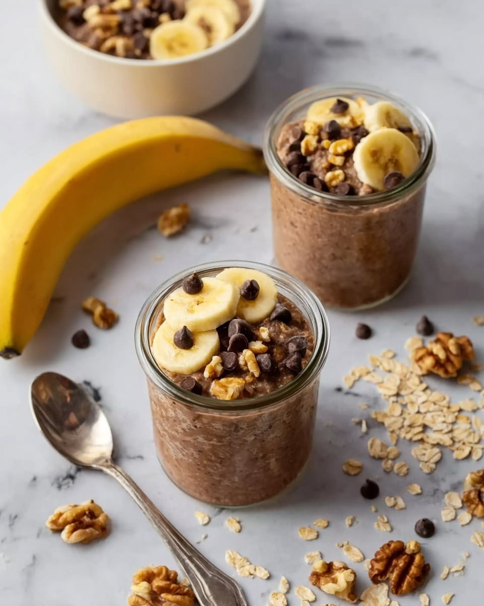 The image shows two small glass jars filled with chocolate oatmeal topped with chopped walnuts, banana slices, and chocolate chips. Behind them, there is a white bowl with the same oatmeal, topped with banana slices, walnuts, and chocolate chips, all on a white marbled surface scattered with oats, chocolate chips, and walnuts. Two whole yellow bananas rest near the jars, and a silver spoon lies between the jars and the bowl. The colors in the image include the brown chocolate oatmeal, light yellow bananas, dark brown walnuts, and shiny dark chocolate chips, set against the white marbled background. Photo taken with an iphone --ar 4:5 --v 7