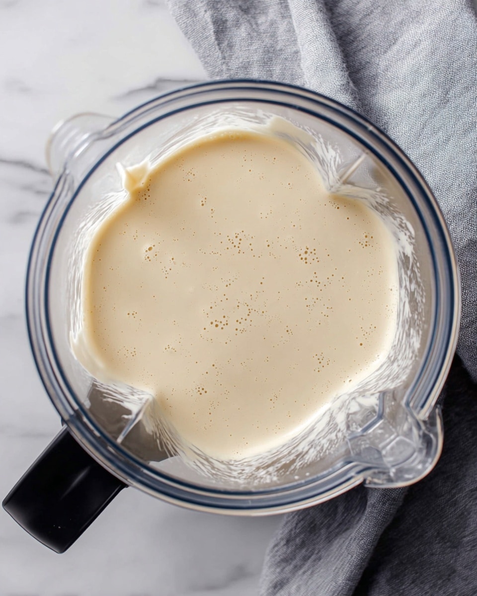 The image shows a clear blender pitcher filled with a smooth, creamy light beige mixture. The mixture has a consistent texture with tiny bubbles scattered on the surface. The blender is placed on a white marbled surface with a folded grey cloth nearby. The pitcher has a black handle on the left side, and the light reflects softly on the clear plastic container. photo taken with an iphone --ar 4:5 --v 7