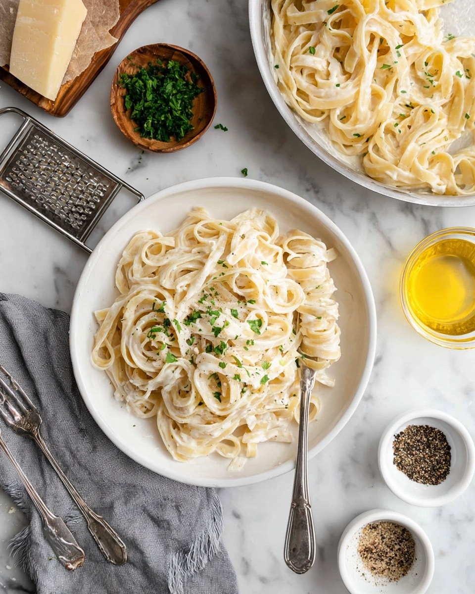 A white bowl holds a serving of creamy fettuccine pasta with thick, flat noodles coated in a smooth white sauce, topped with small sprinkles of green parsley and black pepper. A silver fork rests on the bowl’s right edge, partially twirling some pasta. Above the bowl, a pan filled with more fettuccine pasta back with the same creamy sauce is visible. To the left of the bowl, a small wooden dish contains chopped green parsley. Nearby, a metal grater with a peeled chunk of pale-yellow cheese lies on a white marbled surface. A gray cloth napkin is folded on the left, while two silver forks are placed near the top left. On the right side, two small white bowls of ground black pepper and a small clear glass of golden olive oil sit on the white marbled surface. The scene is bright and clean, focused on the pasta dish. photo taken with an iphone --ar 4:5 --v 7