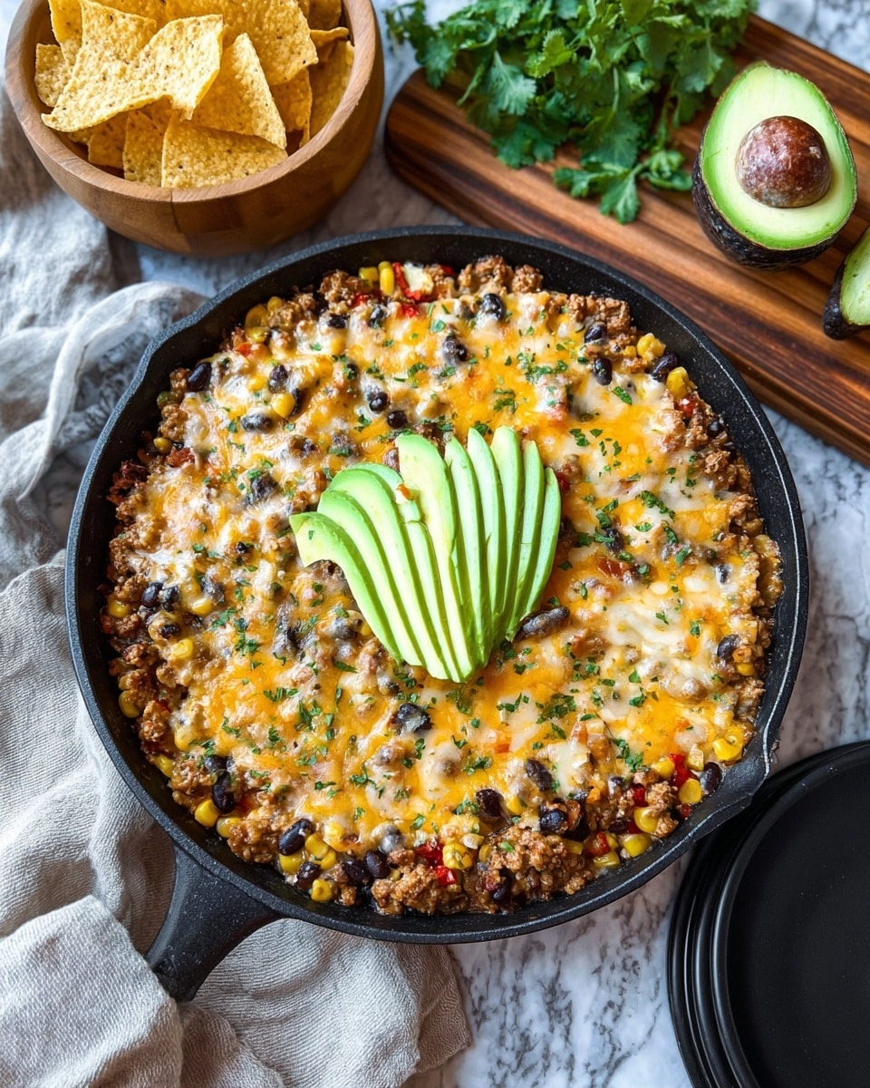 A black pan filled with a cheesy layered dish topped with melted yellow and white cheese mixed with black beans, corn, ground meat, and small bits of red peppers, garnished with chopped green herbs. In the middle of the dish, there are thin slices of bright green avocado arranged in a fan shape. To the top left, a wooden bowl holds light yellow tortilla chips, and above the pan, a wooden board shows a whole avocado, a half avocado with a dark brown seed, and fresh green cilantro. The pan is placed on a white marbled surface with a light gray cloth napkin and a black plate nearby. Photo taken with an iphone --ar 4:5 --v 7