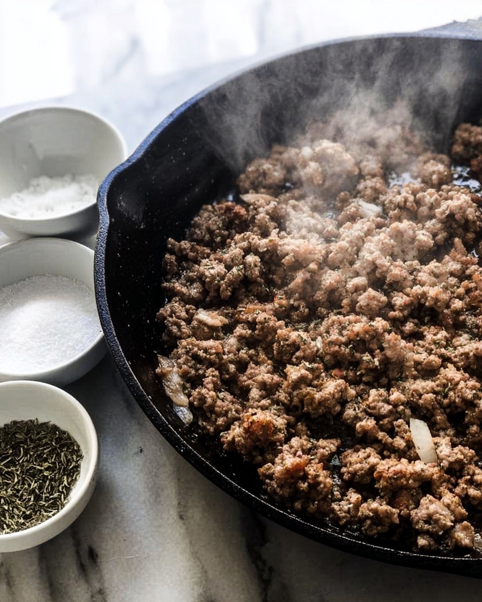 A close-up view of browned ground meat cooking in a black cast iron pan with steam rising, showing small chunks of meat mixed with some melted fat in the center, next to two white bowls filled with salt and dried herbs on a white marbled surface photo taken with an iphone --ar 4:5 --v 7