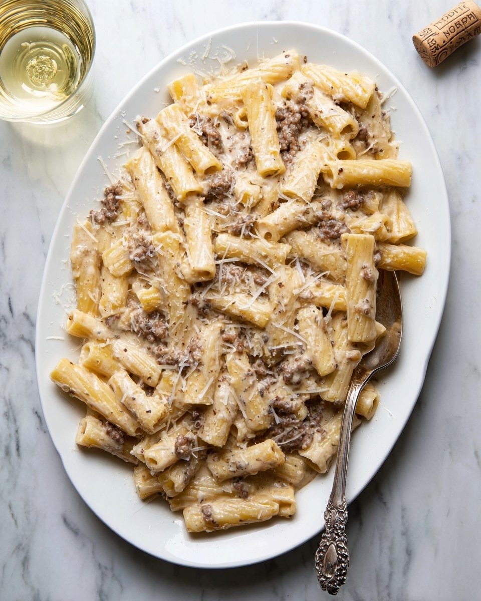 The image shows a large white oval plate filled with rigatoni pasta covered in a creamy beige sauce mixed with small bits of browned meat. The pasta is arranged in a thick layer, with some pieces overlapping and slightly glossy from the sauce. There are light shavings of grated cheese sprinkled on top, adding a fine white texture. A silver spoon with an ornate handle is placed on the right side of the plate, partly under the pasta. The plate sits on a white marbled surface, and in the top right corner, there is a glass of pale yellow liquid next to a small cork, suggesting wine. photo taken with an iphone --ar 4:5 --v 7
