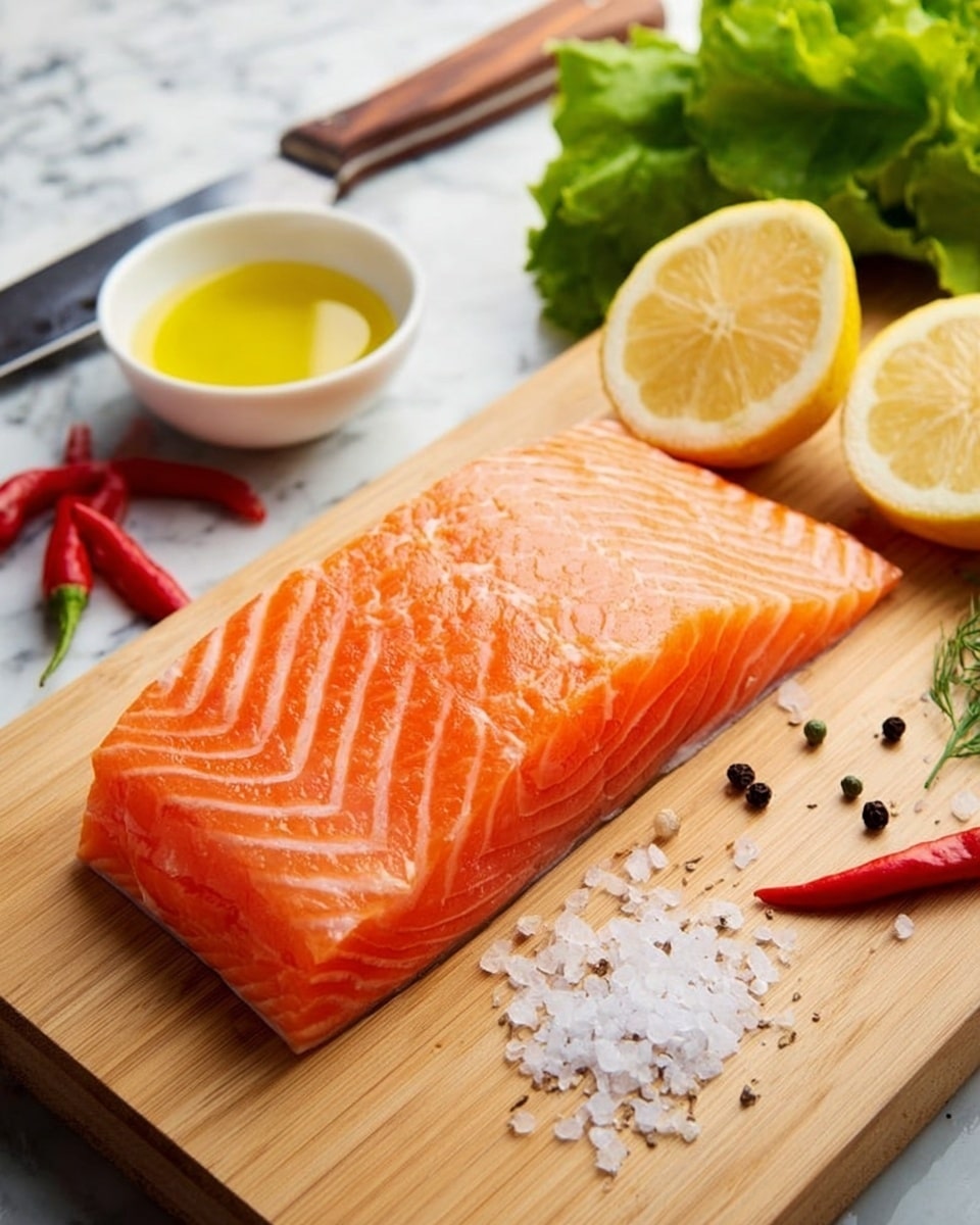 A fresh, raw salmon fillet with bright orange and white lines lies in the center on a light wooden cutting board. Around the salmon, there are small piles of coarse white salt and black peppercorns. In the background on the left, there is a small white bowl with yellow oil and two red chili peppers nearby. On the right side of the board, bright green lettuce leaves and two lemon wedges are placed. A sharp knife is partly visible in the back on a white marbled surface. photo taken with an iphone --ar 4:5 --v 7