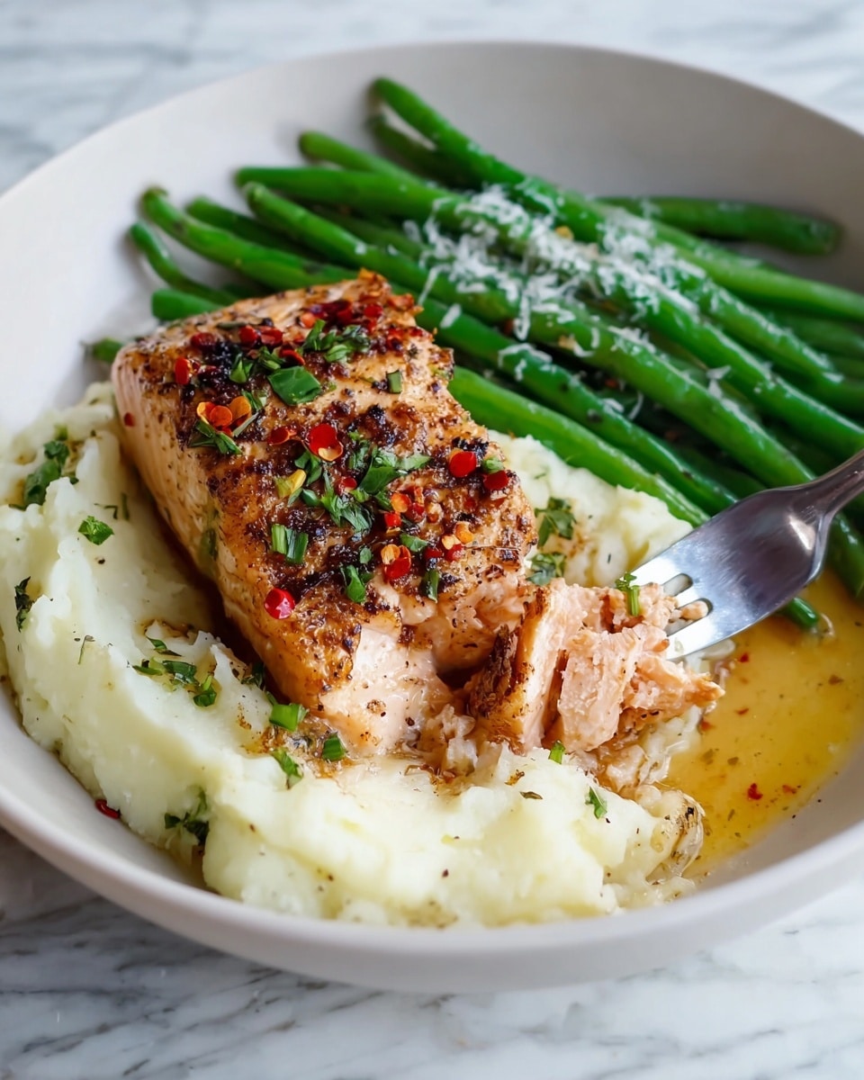 A white plate holds a meal with three main layers: on the bottom, a smooth, creamy layer of mashed potatoes with a few bits of green herbs sprinkled on top; in the middle, a piece of browned, seasoned cooked salmon with a slightly crispy surface, topped with red pepper flakes and small green herbs; on the top back of the plate, a neat row of bright green cooked green beans, sprinkled with grated cheese. A silver fork is breaking a piece off the salmon. The plate is on a white marbled surface. Photo taken with an iphone --ar 4:5 --v 7