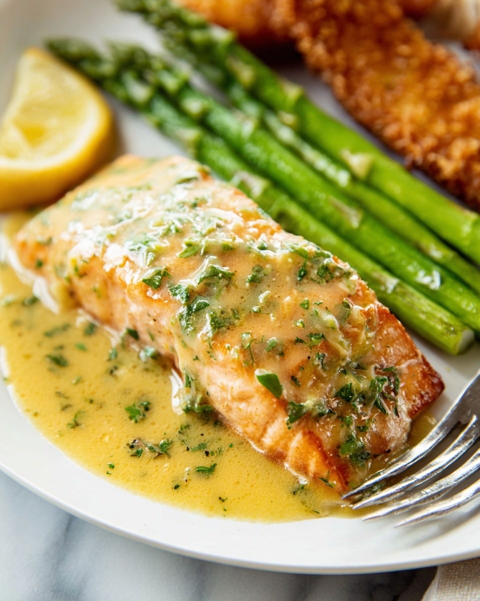 A white plate with three main items: in the center, a piece of salmon covered in a light yellow sauce mixed with green herbs, the sauce pooling around the fish; on the left, a cluster of bright green asparagus spears laid side by side; behind the asparagus, a golden brown fried item with a crispy texture, slightly blurred; a small lemon wedge peeks from the lower left corner; a silver fork rests on the right edge of the plate on a white marbled surface. photo taken with an iphone --ar 4:5 --v 7
