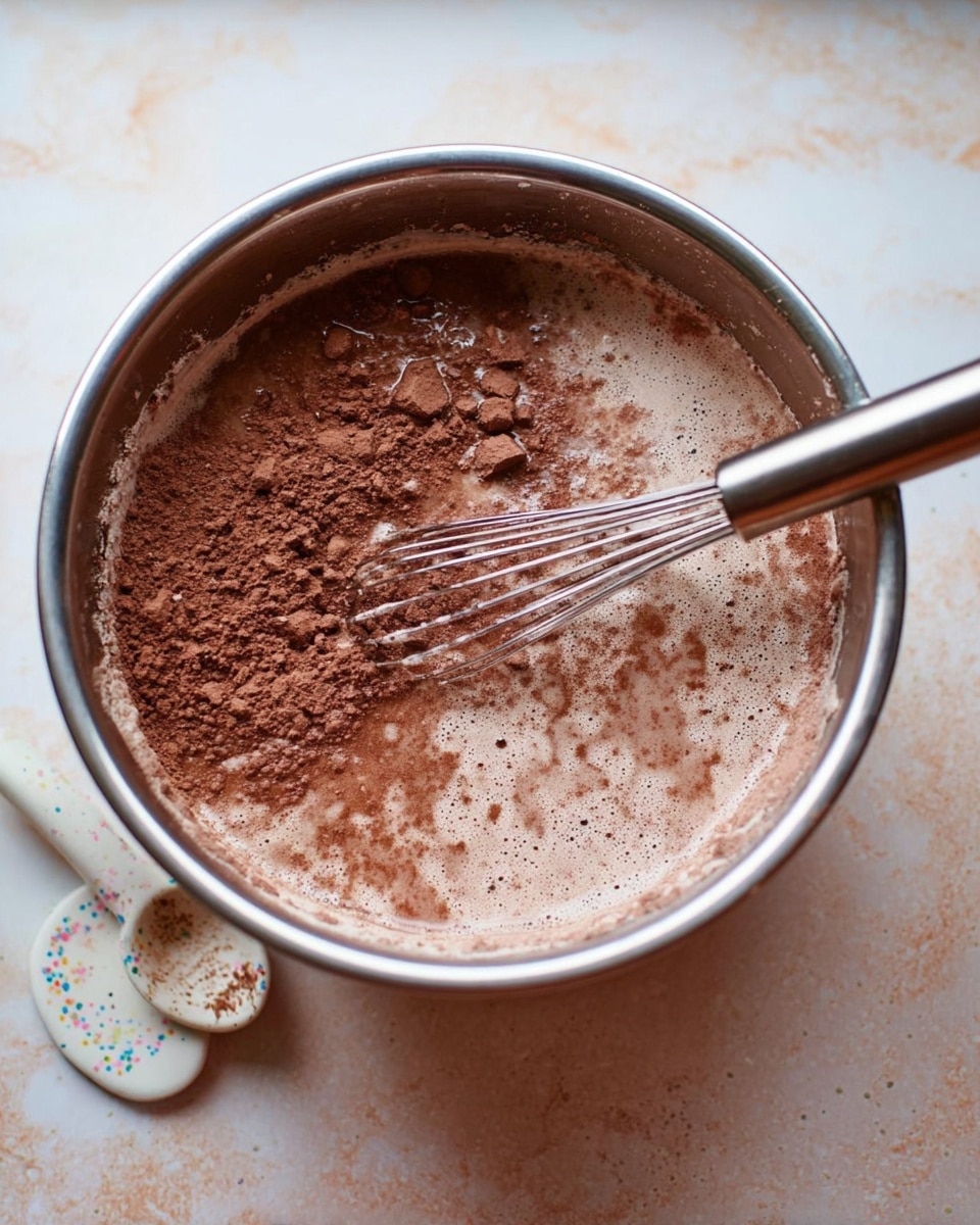 A stainless steel bowl filled with a mixture of dry cocoa powder and liquid ingredients, partially blended and showing some clumps of cocoa powder on the surface. A silver whisk is resting inside the bowl, partly submerged in the mixture. Next to the bowl is a white ceramic measuring spoon on a white marbled surface with small colorful flecks, adding contrast to the scene. The lighting is natural, highlighting the textures of the cocoa mixture and the metal bowl. photo taken with an iphone --ar 4:5 --v 7