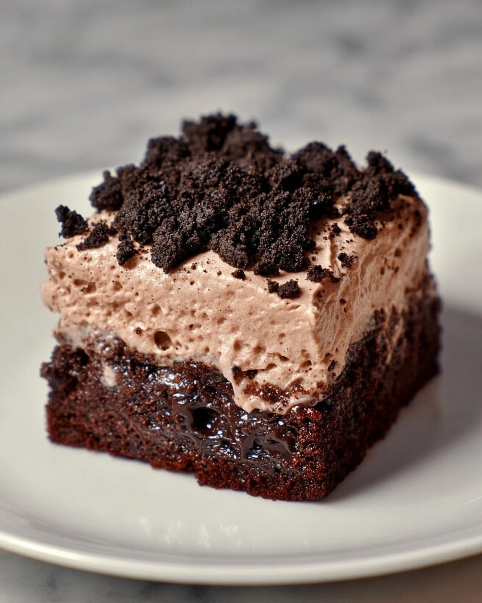 A single piece of chocolate dessert sits at the center of a white plate on a white marbled surface. The dessert has two layers: the bottom layer is dense, dark chocolate cake with a moist texture and small shiny spots indicating rich chocolate. The top layer is thick light brown chocolate cream with a smooth but creamy texture, generously sprinkled with small chunks of dark chocolate cookie crumbs that add a rough texture on top. Photo taken with an iphone --ar 4:5 --v 7