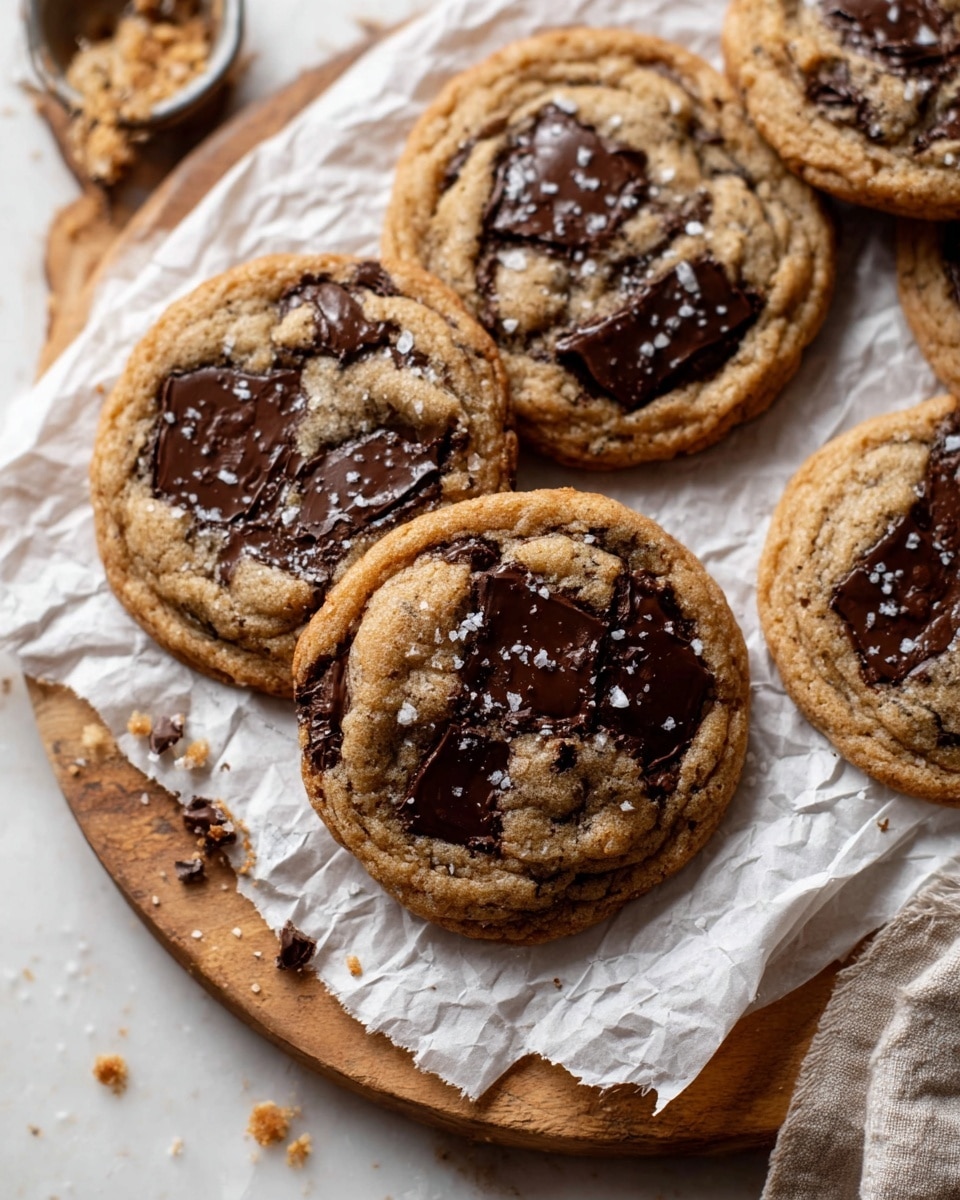 The image shows several freshly baked chocolate chip cookies on a piece of crumpled white parchment paper, placed on a wooden board with a white marbled surface underneath. Each cookie has a golden-brown texture with large, shiny melted dark chocolate chunks spread unevenly across the top. The surface of the cookies looks soft and slightly chewy with a crisp edge. There are a few flakes of coarse sea salt sprinkled over the cookies, adding texture and contrast. Small crumbs are scattered around the board and the marbled surface, creating a casual, homey feel. Photo taken with an iphone --ar 4:5 --v 7
