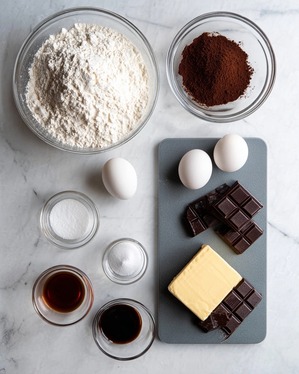 The image shows baking ingredients arranged on a white marbled surface. There is a large clear glass bowl filled with white flour in the top left corner. To the right of it, there is a small clear bowl filled with dark brown cocoa powder. Below the cocoa powder, a white cup holds granulated white sugar. Two white eggs are placed side by side near the middle of the image. Below them, a small clear bowl contains white salt. Next to the salt, a small clear bowl with dark vanilla extract sits near the bottom left. On the right side, a dark grey cutting board holds a light yellow square of butter and several pieces of dark chocolate bars. Photo taken with an iphone --ar 4:5 --v 7