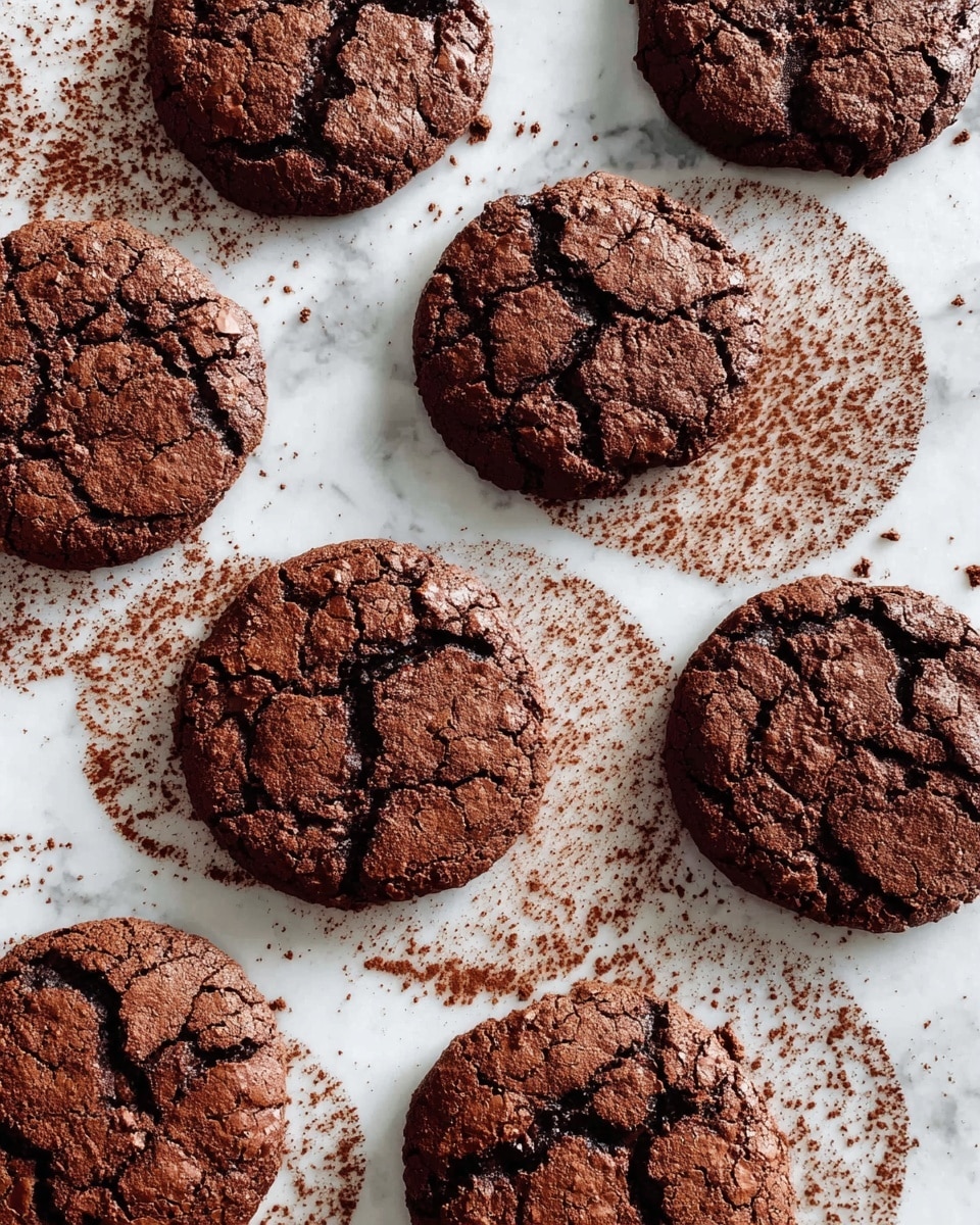 Several round chocolate cookies with cracked tops and rich dark brown color are scattered on a white marbled surface. Each cookie has a rough texture with slightly uneven edges, showing their soft and dense inside. Around some cookies, there are circular marks of cocoa powder, creating a pattern on the white marbled background. The cookies are spread out with space between them, showing some crumbs and bits of cocoa on the surface. photo taken with an iphone --ar 4:5 --v 7