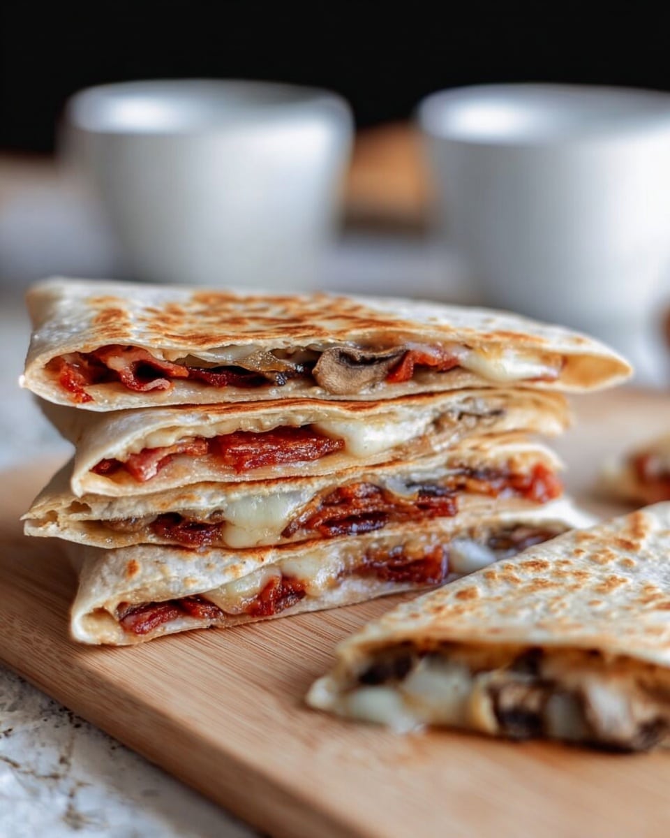 The image shows a stack of four folded quesadilla slices with golden brown, lightly toasted outer tortillas. Each slice reveals layers inside, including reddish meat pieces, melted white cheese strings, and small light brown mushroom slices. The quesadillas are placed on a light wooden surface with part of one whole folded quesadilla on the right. The background has blurred white cups and a white marbled texture surface. The scene is lit softly, highlighting the crispy texture of the tortillas and the gooey melted cheese inside, photo taken with an iphone --ar 4:5 --v 7