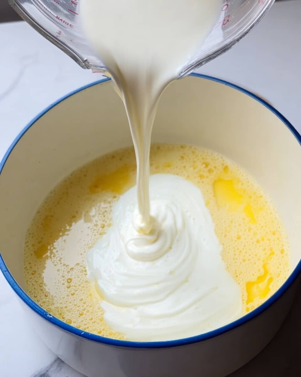The image shows a white pot with a blue outer edge on a white marbled surface. Inside the pot, there is a layer of melted yellow butter forming the bottom layer with a smooth, shiny texture. On top of the butter, a thick white cream is being poured from a clear measuring cup, creating a thick, smooth layer that spreads evenly over the yellow base. The cream stream is glossy and slightly flowing as it lands, causing small bubbles to form on the surface. The focus is on the creamy mixture inside the pot. Photo taken with an iphone --ar 4:5 --v 7