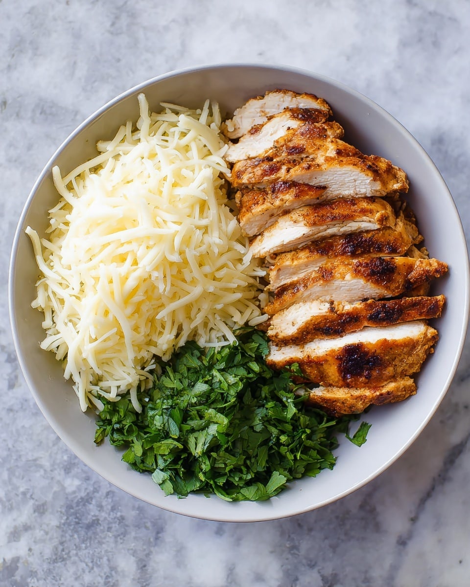 A white bowl sits on a white marbled surface holding three main layers arranged separately: on the right, sliced grilled chicken with a golden-brown sear showing a tender, slightly moist interior; on the left, a pile of finely shredded white cheese with a soft texture and pale yellow hue; below the cheese, a small heap of fresh, chopped green herbs with leafy, slightly jagged edges. The elements are clearly separated by their colors and textures. photo taken with an iphone --ar 4:5 --v 7