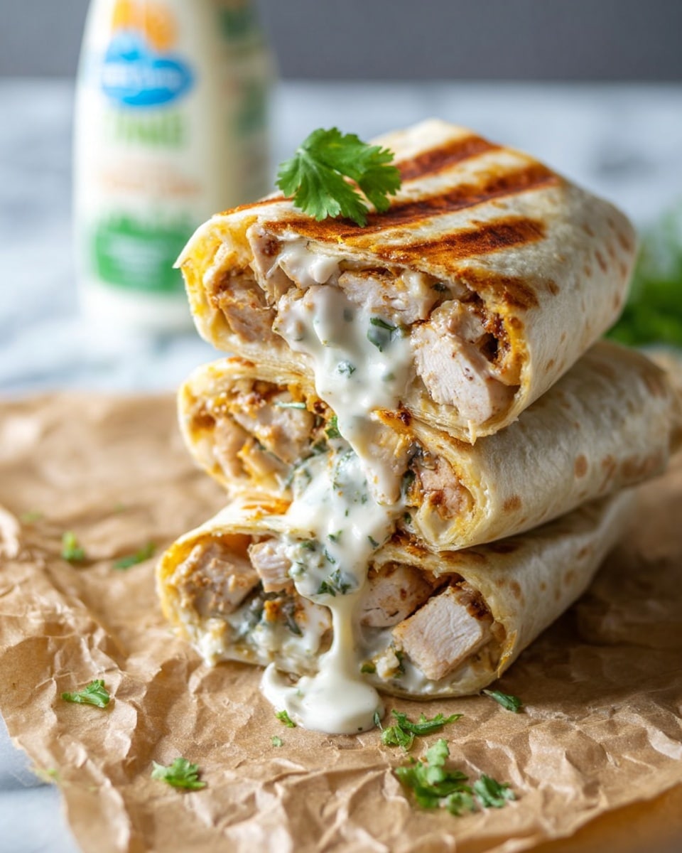 The image shows two stacked wraps sliced in half, placed vertically on crumpled brown paper over a white marbled surface. Each wrap has a grilled, light golden tortilla with visible grill marks and is filled with three main layers: chunks of lightly browned cooked chicken, a generous layer of creamy white sauce, and small bits of green cilantro leaves inside and around the wraps. Some sauce is dripping slightly from the cut ends, and a single cilantro leaf is placed on top of the upper wrap. In the blurred background, part of a white bottle with a green and blue label is visible. Photo taken with an iphone --ar 4:5 --v 7