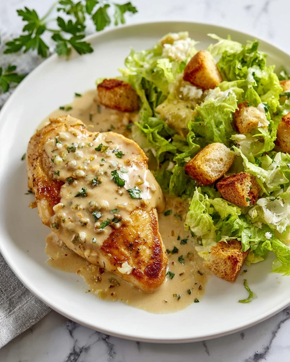 A white plate holds a golden-brown cooked piece of chicken covered with a creamy light beige sauce with small green herb bits on top. Next to the chicken is a fresh green salad made of leafy lettuce with crunchy light brown croutons mixed in. The plate sits on a white marbled surface with some green parsley leaves visible in the corner. Photo taken with an iphone --ar 4:5 --v 7
