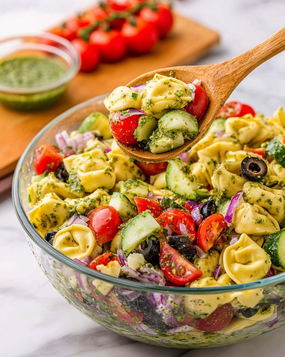 This image shows a clear glass bowl filled with a colorful tortellini salad. The salad has three main layers: the first layer is yellow tortellini pasta with a soft, smooth texture; the second layer is fresh vegetables including bright red cherry tomatoes, sliced green cucumbers, black olive rings, and small pieces of chopped purple onion; the third layer is a green pesto sauce that coats the pasta and vegetables, giving a fresh, slightly oily shine. There is a wooden spoon lifting a serving of the salad towards the camera, showing a close-up of the mix with all elements clearly visible. In the background, there is a wooden board with a small bunch of cherry tomatoes on the vine and a small glass bowl of pesto sauce on a white marbled surface. photo taken with an iphone --ar 4:5 --v 7