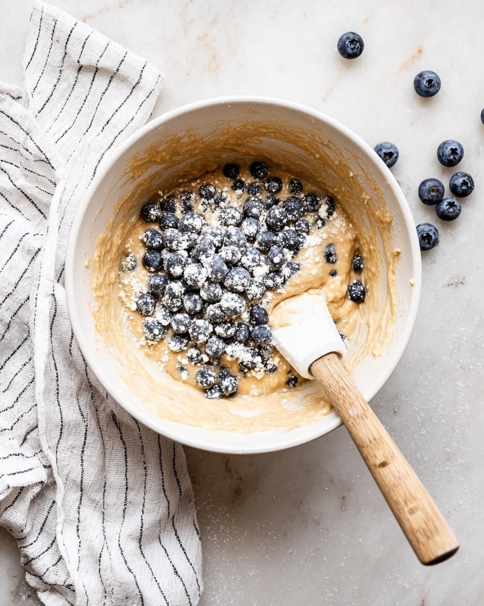 A white bowl holds light brown batter with a thick texture, topped with many small blueberries dusted in white flour, sitting mostly in the center. A spatula with a wooden handle and white rubber blade rests inside the bowl, partially covered in batter and blueberries. The bowl sits on a white marbled surface with a few loose blueberries scattered near the top right. To the left side of the bowl, a white cloth with thin black stripes is casually placed. photo taken with an iphone --ar 4:5 --v 7