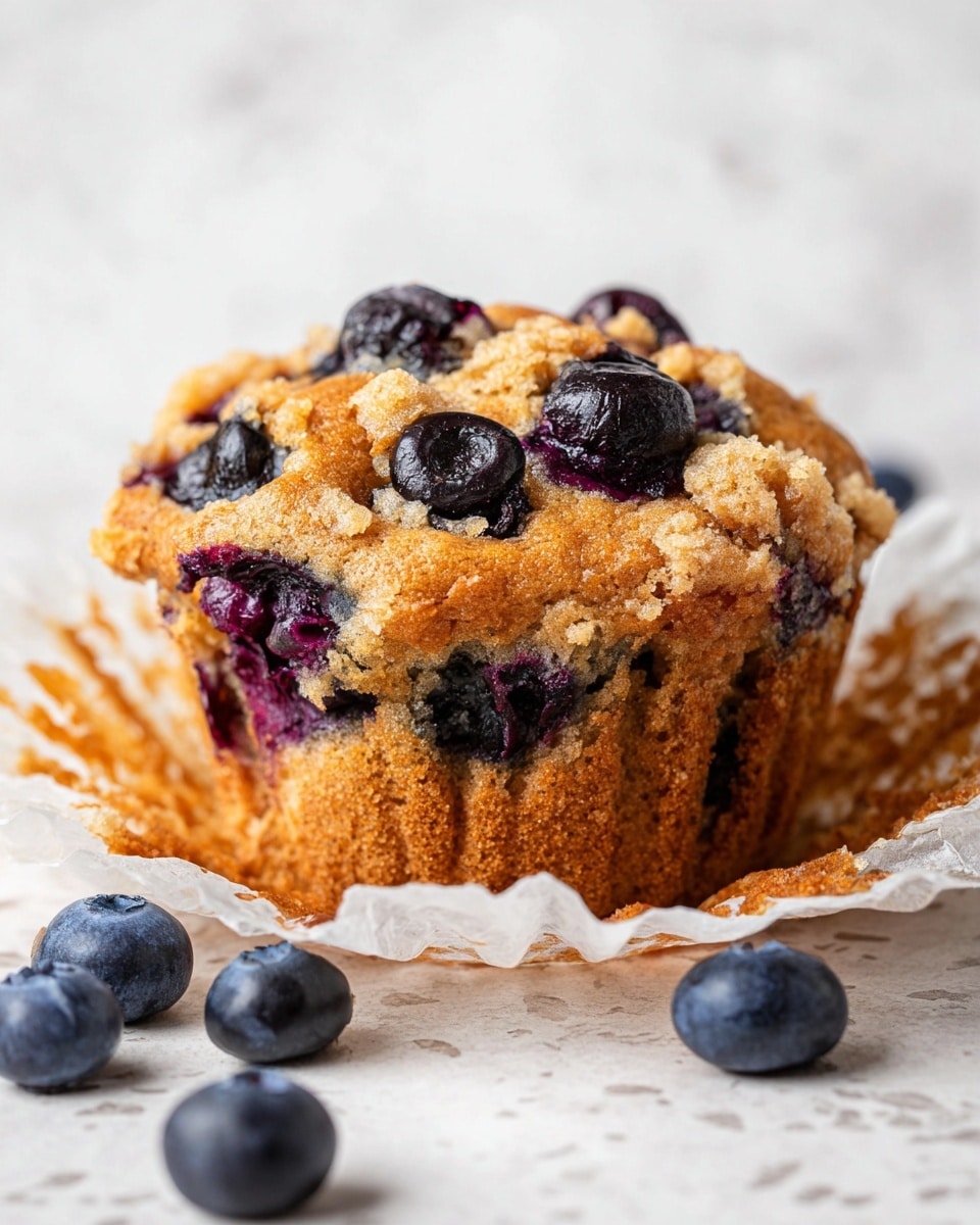 A close-up of a golden brown blueberry muffin with a slightly rough texture, showing its crumbly top layer dotted with large, dark purple blueberries. The middle layer reveals moist muffin batter bursting with juicy blueberries, while the base is wrapped in a white crinkled paper liner that fans out at the bottom. Scattered whole blueberries lie around the muffin on a white marbled surface, adding a fresh touch to the scene. Photo taken with an iphone --ar 4:5 --v 7