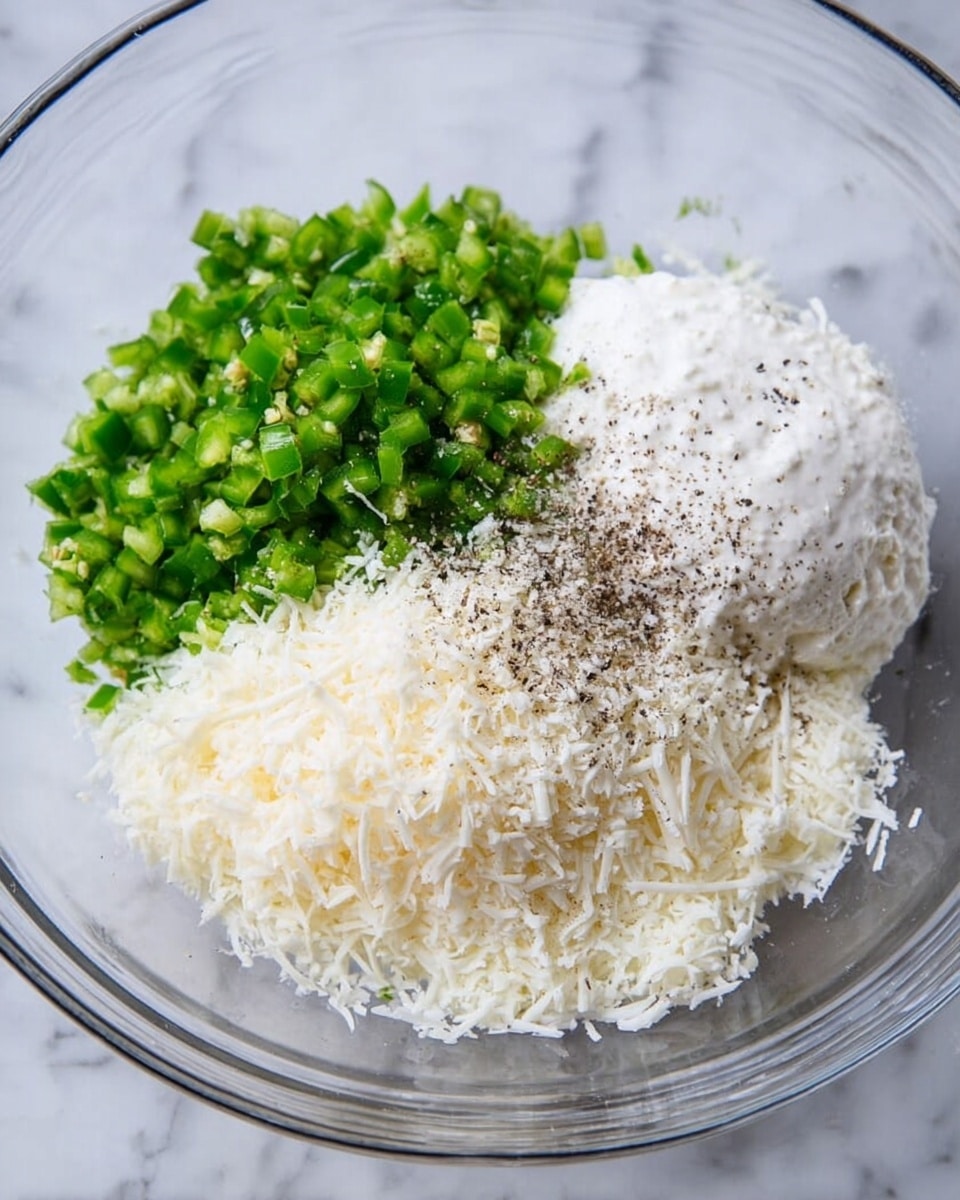 A clear glass bowl sitting on a white marbled surface holds four separate piles of ingredients: finely chopped green peppers in one section, a heap of grated white cheese in another, a portion of white sour cream next to the cheese, and a sprinkle of black pepper resting on the sour cream. Each ingredient forms distinct layers with clear texture contrasts: the small, shiny green pieces, the soft, creamy white sour cream, the fluffy, detailed cheese shreds, and the tiny, coarse black pepper specks. The bowl and its colorful contents fill most of the frame, showcasing textures and fresh colors clearly, photo taken with an iphone --ar 4:5 --v 7