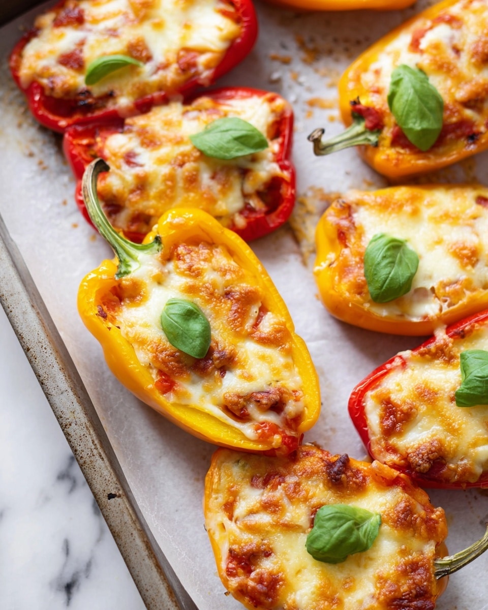 The image shows several stuffed mini bell pepper halves arranged on a baking tray with white parchment paper. Each pepper half is filled with a melted layer of golden-brown cheese on top, with some tomato sauce visible underneath. The mini peppers are red and yellow, each topped with a small fresh green basil leaf, giving a pop of color contrast. The melted cheese layer has a bubbly, slightly browned texture, showing it was baked. The tray is set on a white marbled surface. Photo taken with an iphone --ar 4:5 --v 7