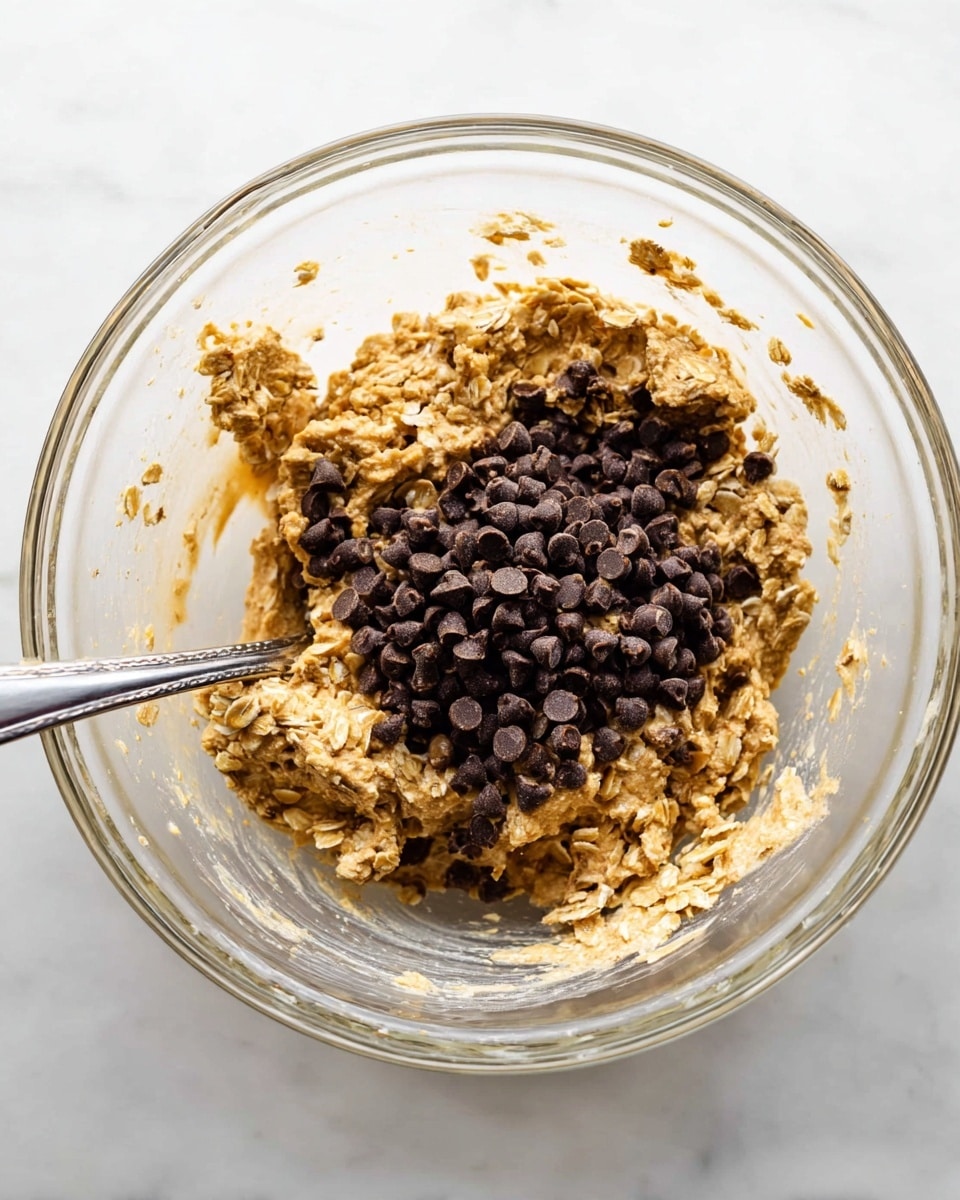 A clear glass bowl holds a thick mixture mainly made of light brown oats combined with a creamy beige substance, creating a rough, chunky texture. On top, there is a heap of small, dark brown chocolate chips scattered mostly in the center of the bowl. A shiny metal spoon rests inside the bowl on the left side, partially covered by the oat mixture. The bowl sits on a white marbled surface, and the image is bright with soft lighting, showing details of the textures well. photo taken with an iphone --ar 4:5 --v 7