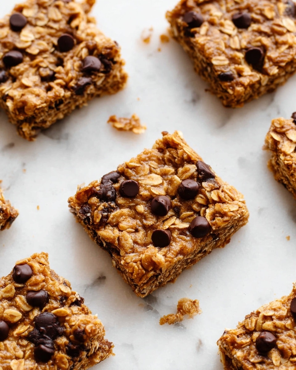 This image shows several oatmeal chocolate chip bars arranged on a white marbled surface. Each square bar has a rough, dense texture with visible oats and small, dark chocolate chips spread unevenly on top and embedded inside. The bars have a golden-brown color with some slightly darker areas at the edges, giving a toasted look. There are crumbs and small pieces scattered around the bars on the surface, adding a bit of natural messiness. photo taken with an iphone --ar 4:5 --v 7
