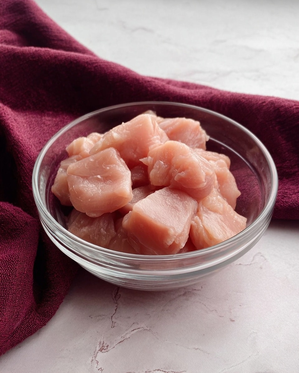 A clear glass bowl holds several pieces of raw, light pink chicken meat, each piece roughly cubed with a smooth and slightly shiny texture. The bowl is placed on a surface with a white marbled texture, and a deep maroon cloth is casually draped in the background, adding a rich contrast to the soft tones of the raw chicken and the white surface. The photo taken with an iphone --ar 4:5 --v 7