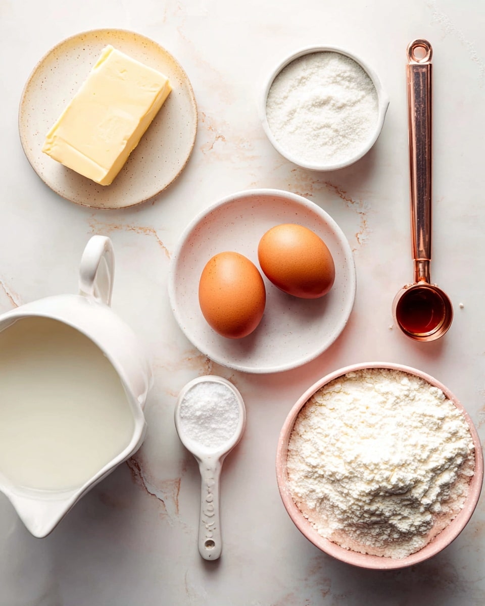 The image shows baking ingredients arranged neatly on a white marbled surface. In the center, two brown eggs sit on a small round white plate. To the left, a white bowl holds a stick of light yellow butter, while below it, a white pitcher contains milk. On the right side, a white bowl with a pink interior is filled with flour, with a white spoon resting inside. Above the eggs, two small white spoons hold brown vanilla extract and white baking powder side by side. To the far right, a wooden-handled copper measuring spoon rests on the surface, adding a warm contrast. photo taken with an iphone --ar 4:5 --v 7