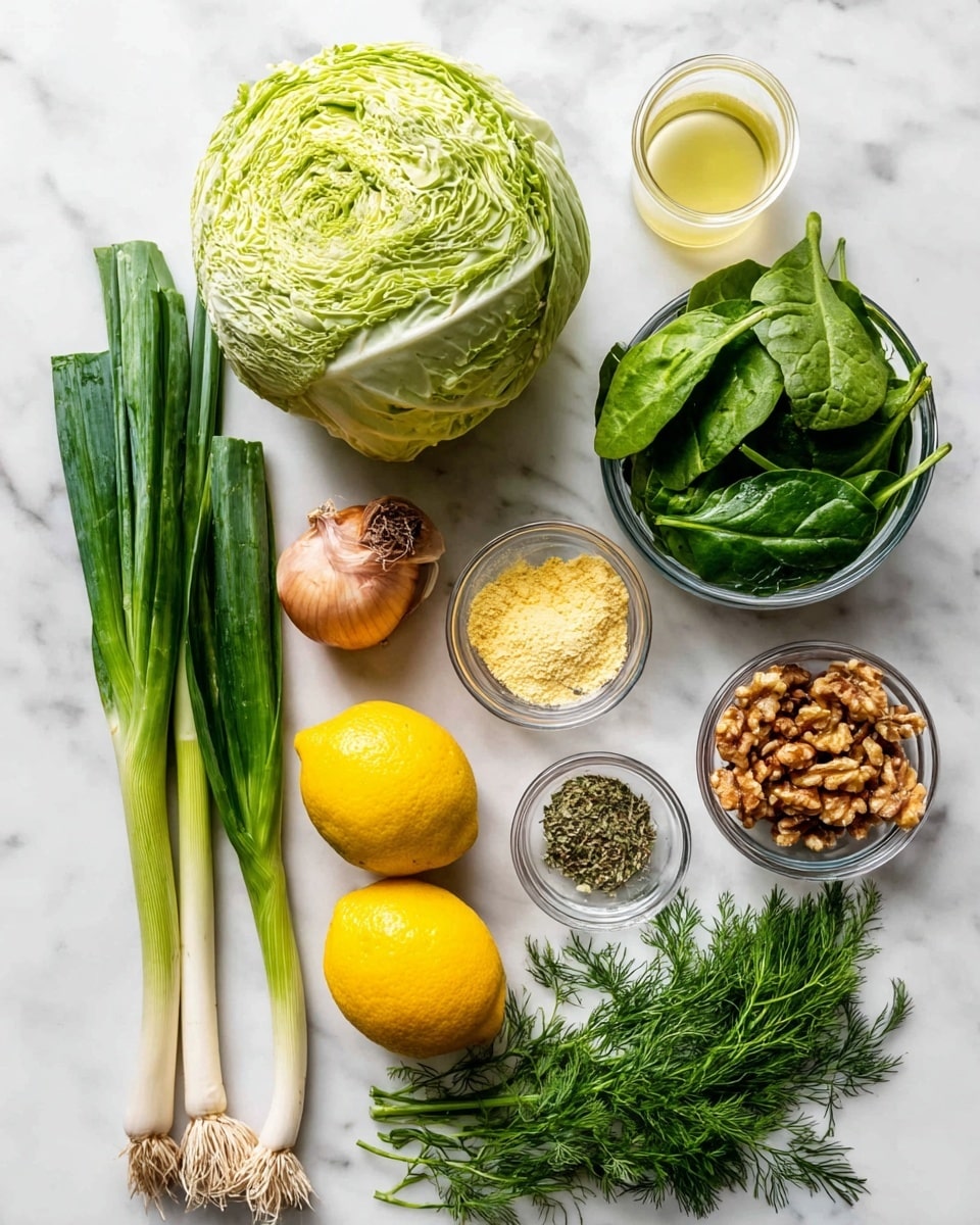 The image shows fresh ingredients neatly arranged on a white marbled surface. At the top center, there is a large round pale green cabbage. To its right, a small clear glass bowl filled with fresh green spinach leaves, and next to that, a smaller glass bowl with a light yellowish liquid. Below the cabbage, two bright yellow lemons are placed side by side. Further down, there are several long green onions with white roots extending to the bottom left. Nearby, there is a small clear bowl containing light yellow flakes, likely nutritional yeast, and another small bowl filled with walnut halves at the bottom right. Fresh herbs, including green parsley and dill, are gathered in a small pile near the bowls. A small shallot and two cloves of garlic lie to the left, and a small bowl of dried herbs is also visible. The overall colors are fresh greens, bright yellow, and natural earth tones, with a clean, natural look. Photo taken with an iphone --ar 4:5 --v 7