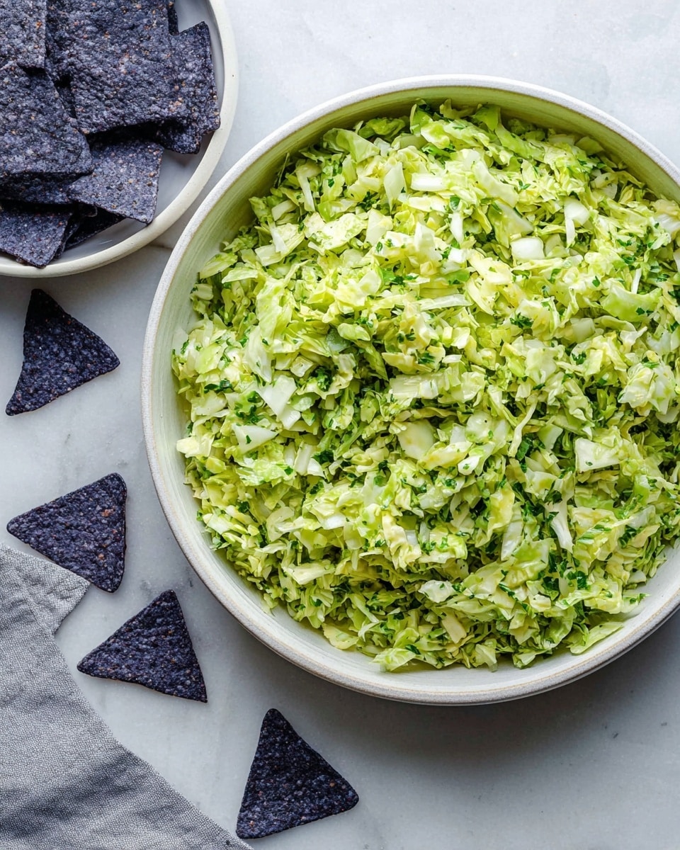 A large white bowl filled with finely chopped light green cabbage mixed with small pieces of darker green herbs, giving it a fresh and vibrant look; next to the bowl, there is a white bowl of blue corn tortilla chips with some chips scattered on the white marbled surface around the bowls. A grey cloth napkin peeks out beneath the cabbage bowl. The overall scene is bright and clean with a fresh, simple presentation photo taken with an iphone --ar 4:5 --v 7