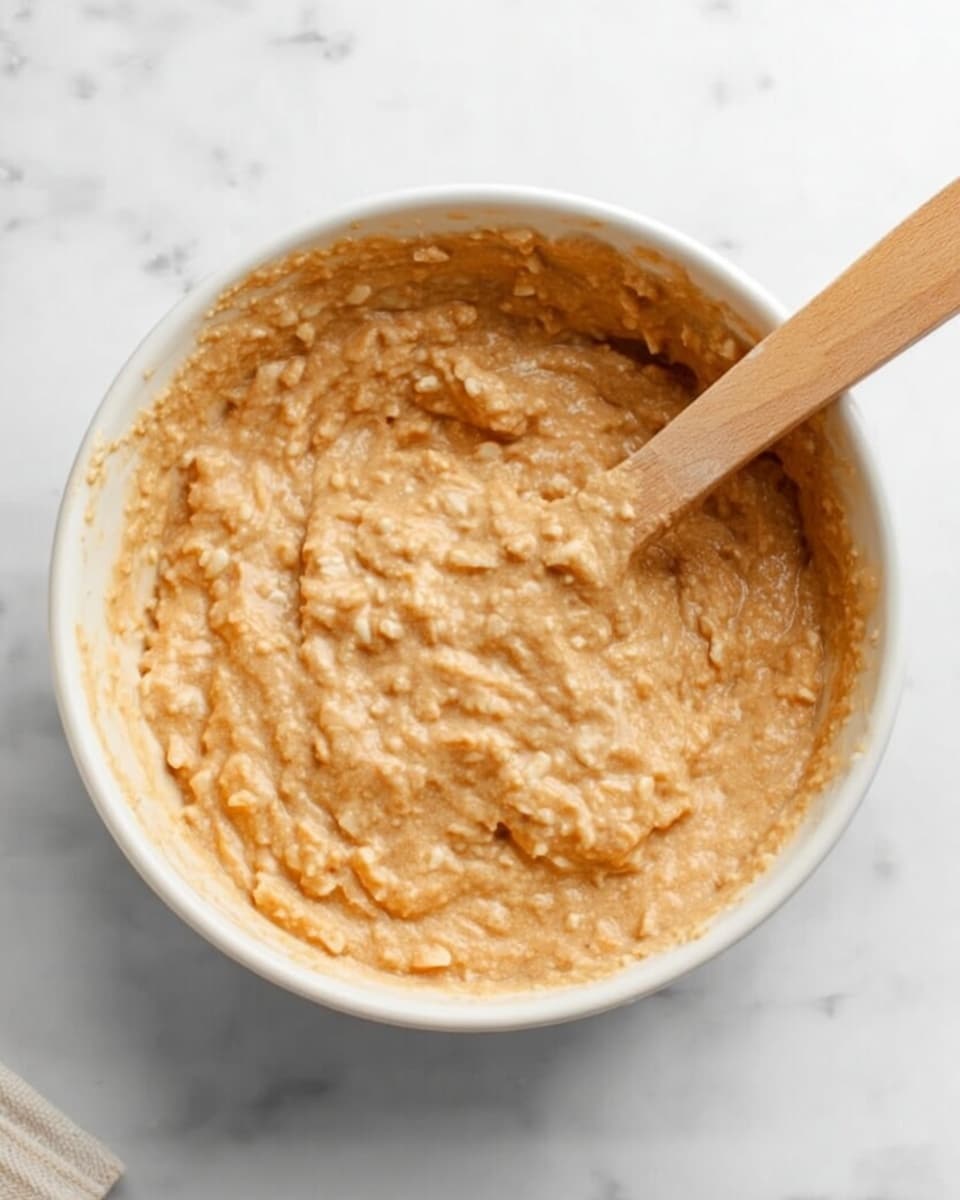 A white bowl filled with a thick, creamy mixture that is light brown with visible small chunks and grains, giving it a textured appearance. A wooden spatula is partially dipped into the mixture, resting inside the bowl. The bowl sits on a white marbled surface, with soft natural light highlighting the smooth and textured parts of the mixture, making it look fresh and inviting. photo taken with an iphone --ar 4:5 --v 7