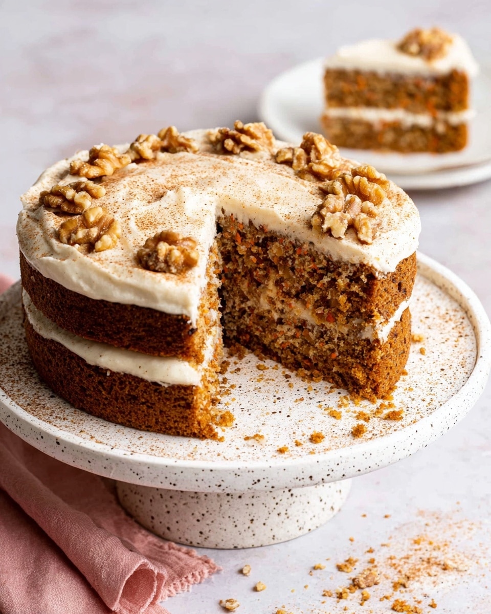 A two-layer carrot cake with a thick, creamy white frosting spread evenly on top and between the layers, the cake itself is a rich brown with visible bits of carrot and nuts inside. The top layer is decorated with whole walnut pieces placed around the edges and a light dusting of cinnamon powder that covers the frosting. The cake sits on a white speckled cake stand, with some crumbs scattered on the stand’s surface. In the background, a single slice of the same cake on a white plate is visible on a white marbled texture surface with a pink cloth near the base. Photo taken with an iphone --ar 4:5 --v 7