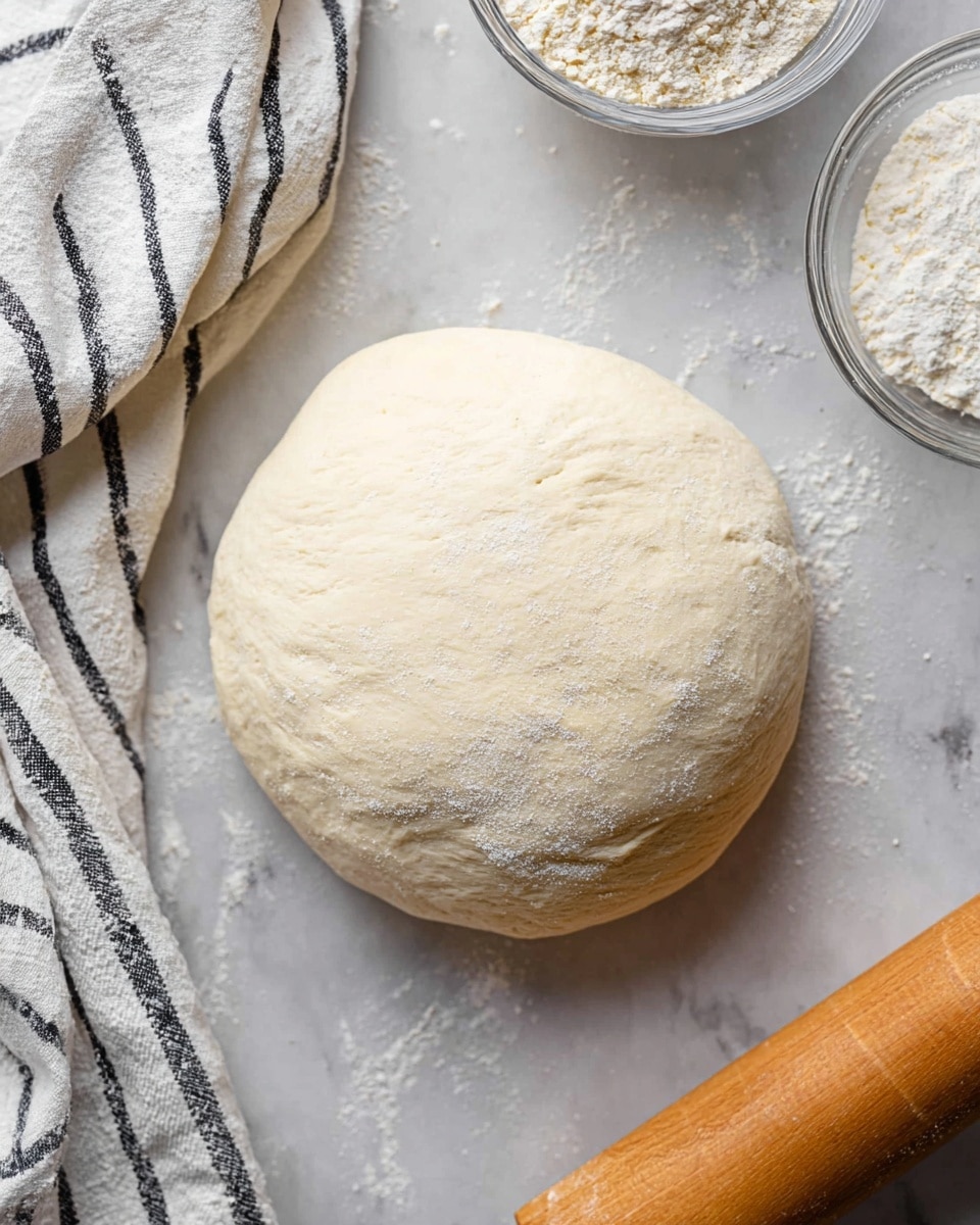 A round ball of dough with a smooth, slightly floured surface sits on a white marbled texture. The dough is pale cream in color with a soft, slightly puffy texture. To the left, there is a white cloth with black stripes casually folded. In the top right corner, clear glass bowls contain flour and yeast, showing white and light tan granular textures. At the bottom right corner, part of a wooden rolling pin with a smooth, light brown surface is visible. Photo taken with an iphone --ar 4:5 --v 7