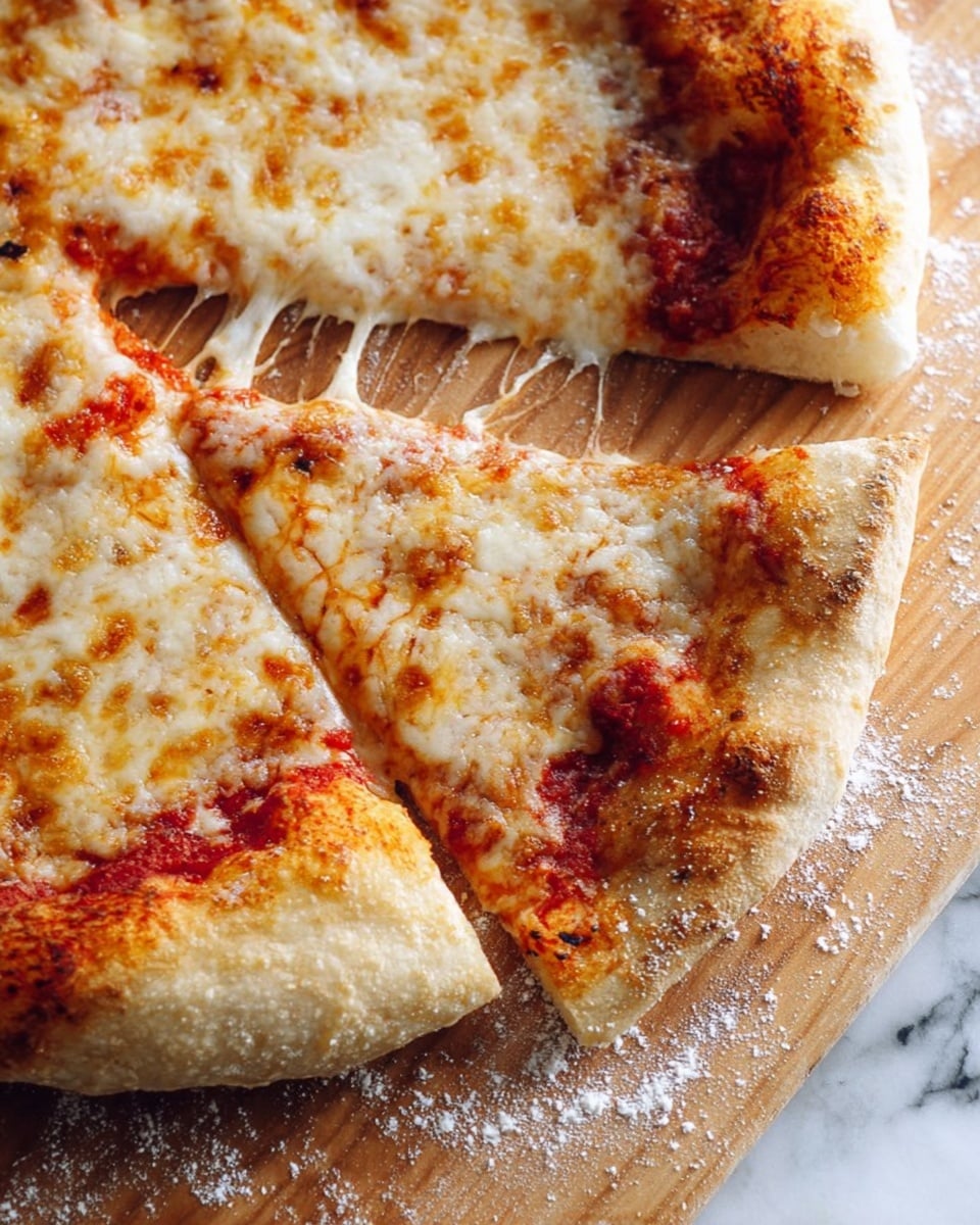 A close-up image of a cheese pizza on a wooden board with some flour sprinkled around. The pizza has a thick light golden-brown crust with a soft texture and some darker toasted spots. One slice is slightly pulled away, showing melted white cheese stretching in thin strands over a bright red tomato sauce layer beneath. The cheesy top is bubbly and uneven with patches of golden brown from baking. The wooden board has a warm color and the background is a white marbled texture. Photo taken with an iphone --ar 4:5 --v 7