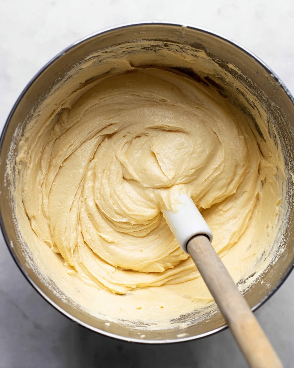 A close-up top view of a large metal bowl filled with thick, creamy, light yellow batter being mixed by a wooden spatula with a white silicone tip. The batter has a smooth, slightly swirled texture with soft peaks, showing a rich and soft consistency. The inside of the bowl is coated lightly with the batter, and the bowl sits on a white marbled surface. photo taken with an iphone --ar 4:5 --v 7