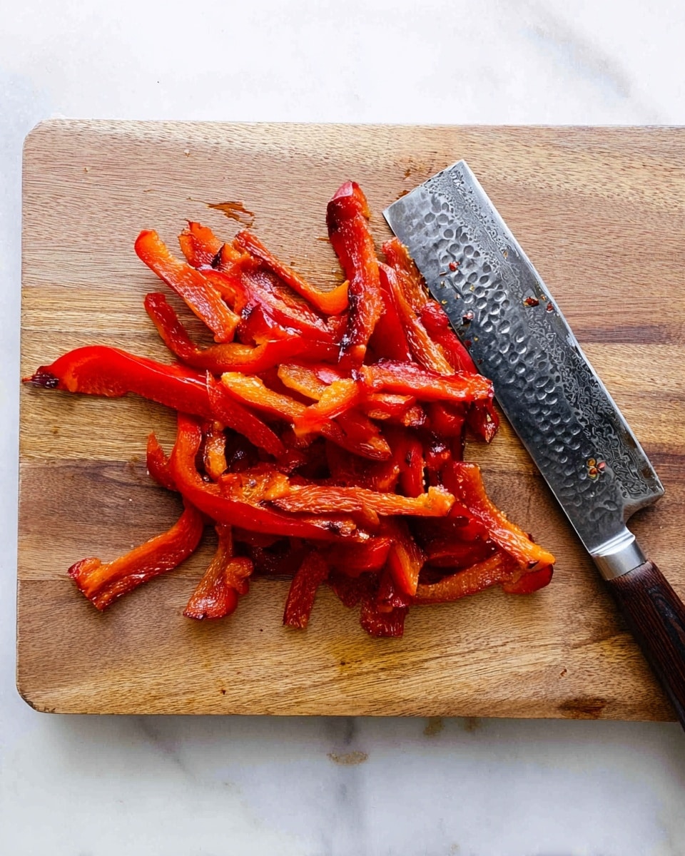 The image shows a wooden cutting board placed on a white marbled surface, holding thin, uneven strips of cooked red bell peppers with a slight char on some edges, giving a mix of bright red and dark brown tones. A shiny knife with a dark wooden handle lies diagonally on the lower right corner of the board, its blade reflecting light and showing a hammered texture. There are some small smears and bits of pepper juice on the cutting board, adding a sense of recent activity. Photo taken with an iphone --ar 4:5 --v 7