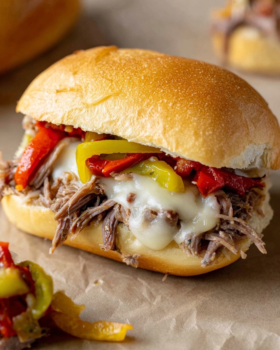 A sandwich with a soft, light brown bun on top and bottom, filled with shredded brown meat layered at the bottom, melted light beige cheese covering the meat, bright red roasted peppers placed above the cheese, and topped with bright yellow-green pepper slices. The sandwich is placed on a beige surface with another small portion of the filling visible nearby. photo taken with an iphone --ar 4:5 --v 7