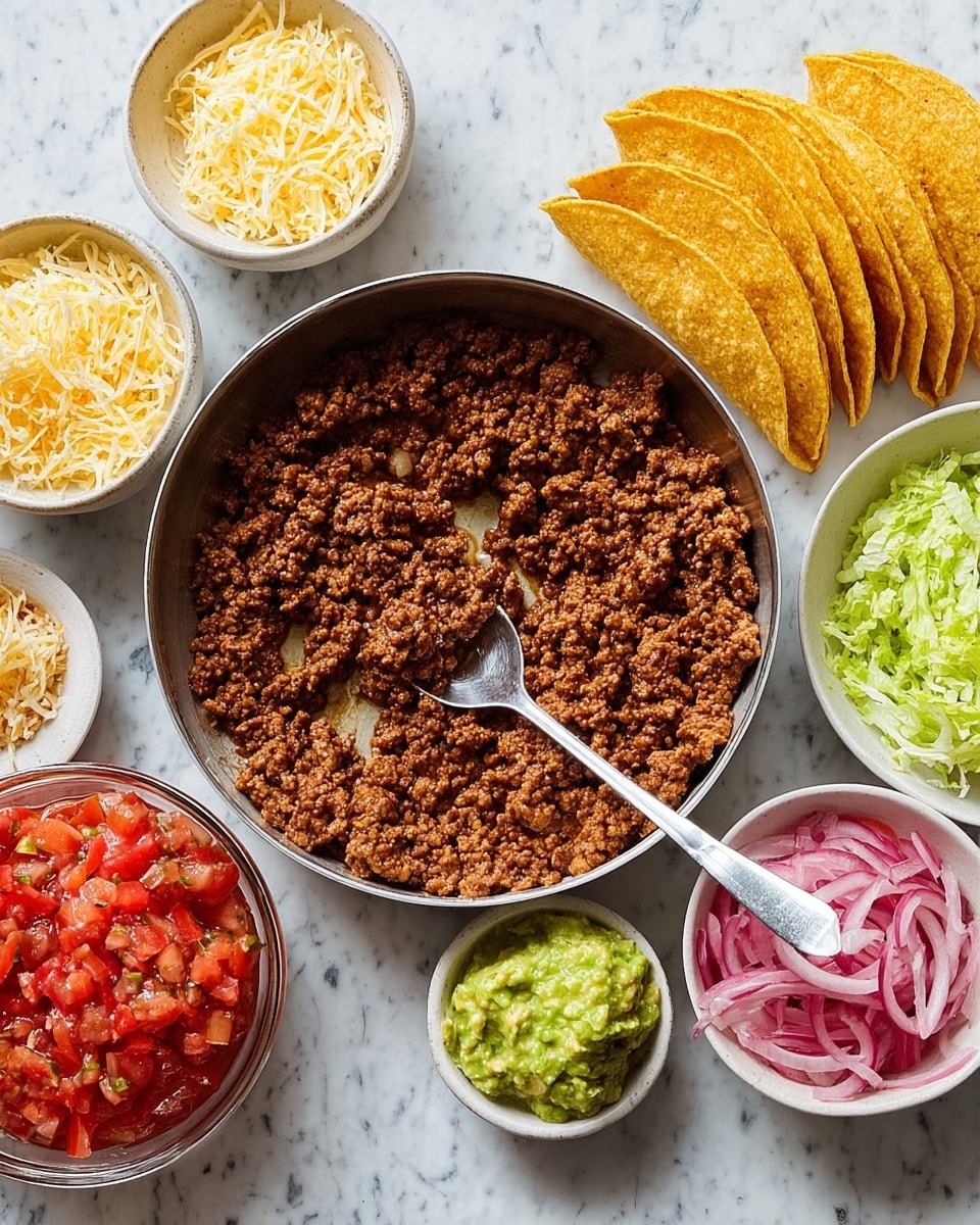 The image shows a white marbled surface with a large metal pan in the center filled with cooked brown seasoned ground meat with a silver spoon resting inside. Surrounding the pan are five small white bowls: one with shredded yellow and white cheese, one with bright red diced tomato salsa, one with light green creamy guacamole, one with pickled thinly sliced red onions, and one bowl with shredded pale green lettuce. On the right side, there are several golden yellow crispy taco shells standing upright with some shredded cheese inside. photo taken with an iphone --ar 4:5 --v 7