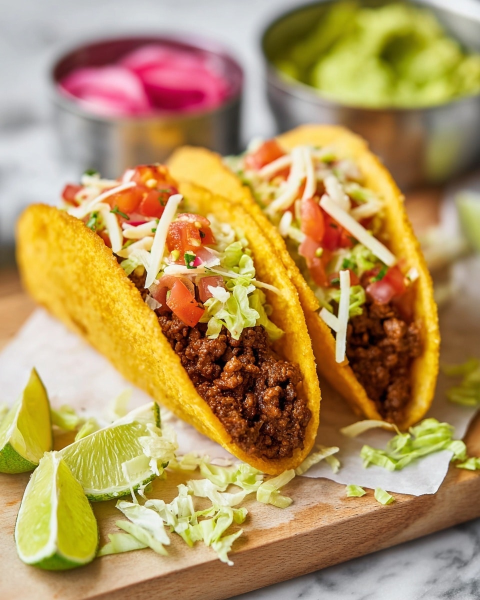 Two crispy yellow taco shells stand upright on a light wooden board with white parchment paper underneath. Inside each shell is a layer of crumbly brown seasoned meat, topped with shredded white and orange cheese, bright red diced tomatoes mixed with small bits of green herbs, and thin strips of pale green lettuce. Scattered shredded lettuce lies around the tacos on the board. In the background, there is a small metal white bowl filled with green guacamole and another similar bowl with pink pickled onions. At the bottom edge of the image, several lime wedges with a fresh green color are placed on a white marbled surface. Photo taken with an iphone --ar 4:5 --v 7