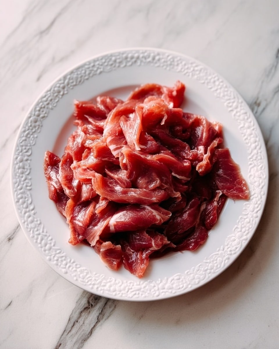 The image shows a white plate with a detailed edge pattern, filled with many thin pieces of raw meat stacked in the center. The meat is red with some lighter areas of fat and shiny moisture on the surface. The plate is placed on a white marbled surface that has soft grey vein patterns. Photo taken with an iphone --ar 4:5 --v 7