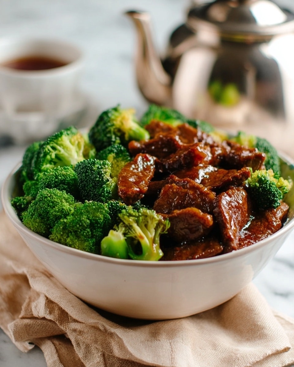 A white bowl filled with three layers: the bottom layer has bright green broccoli pieces with a bumpy texture, the middle layer consists of shiny, dark brown slices of meat coated in sauce, and the top layer is a mix of broccoli and meat pieces arranged evenly. The bowl sits on a light beige cloth on a white marbled surface, with a blurred silver teapot and a cup in the background. Photo taken with an iphone --ar 4:5 --v 7