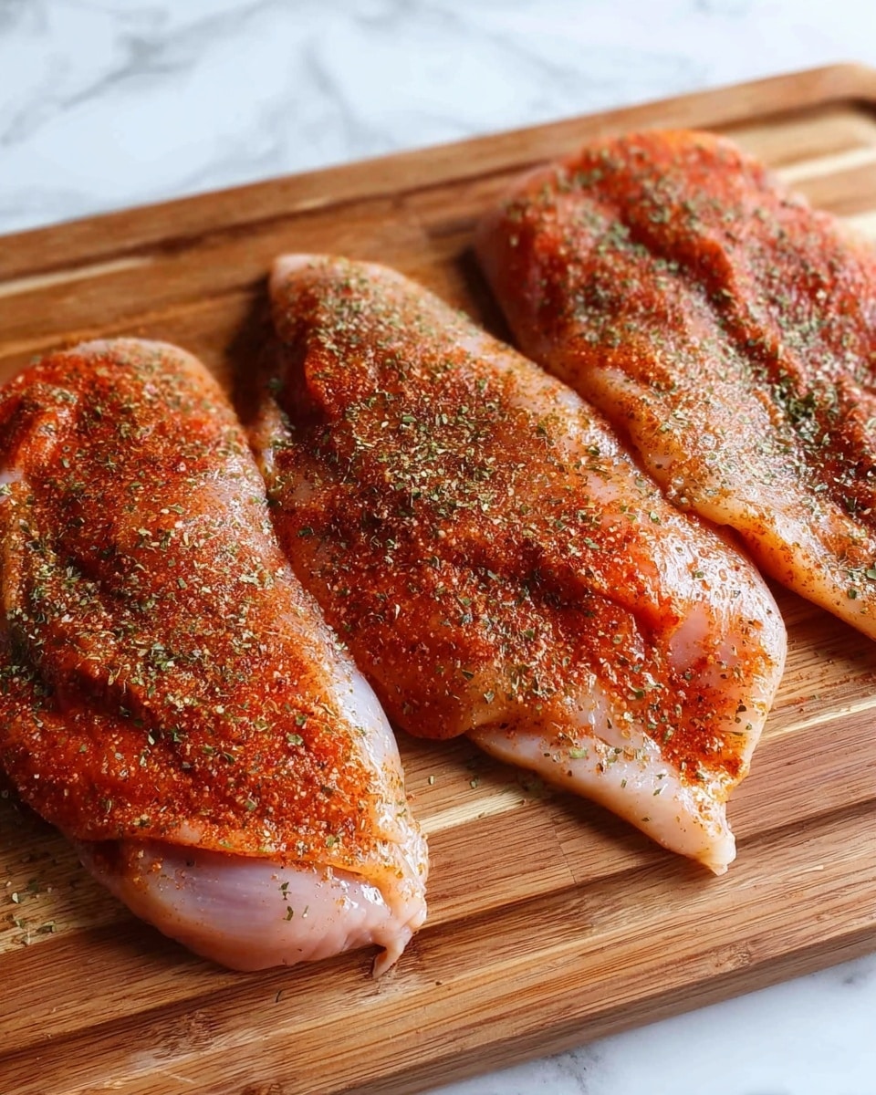 The image shows three raw chicken fillets placed side by side on a wooden cutting board. Each fillet is covered with a layer of reddish-orange seasoning mixed with green dried herbs, making the surface look textured and colorful. The fillets have a natural pale pink color underneath the seasoning, with slight variations in size and shape. The wood grain of the board is visible beneath the fillets, adding a natural look to the scene. The background is a white marbled texture. photo taken with an iphone --ar 4:5 --v 7