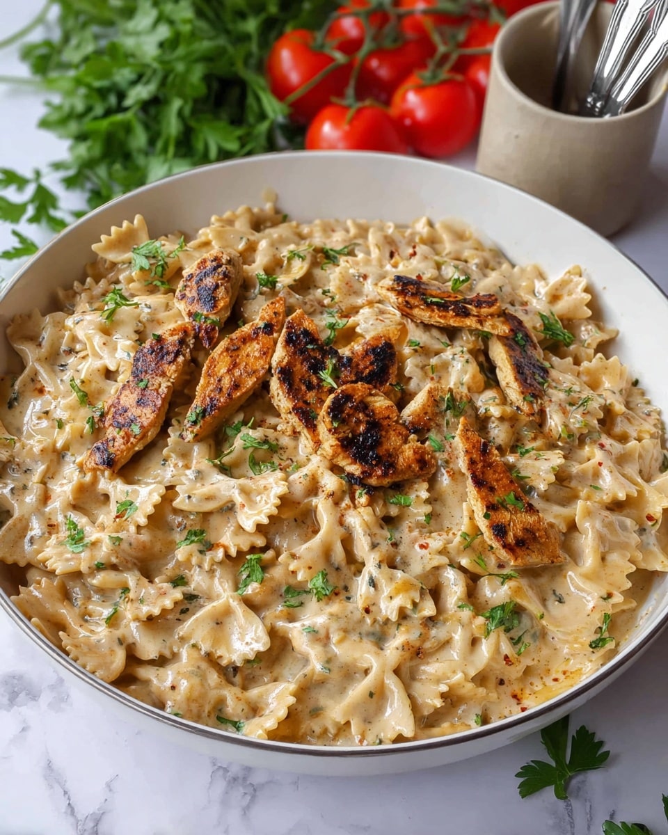 A large white bowl filled with creamy pasta covered in a rich, light beige sauce with herbs and spices scattered throughout. The pasta is a mix of bowtie shapes and thin strips, coated thickly in sauce, while grilled golden-brown chicken strips are placed on top and mixed in, showing charred grill marks. Small green parsley leaves are sprinkled over the dish for a fresh touch. In the background, vine-ripened red tomatoes and fresh green herbs are visible on a white marbled surface, along with a small beige cup holding silver spoons. photo taken with an iphone --ar 4:5 --v 7