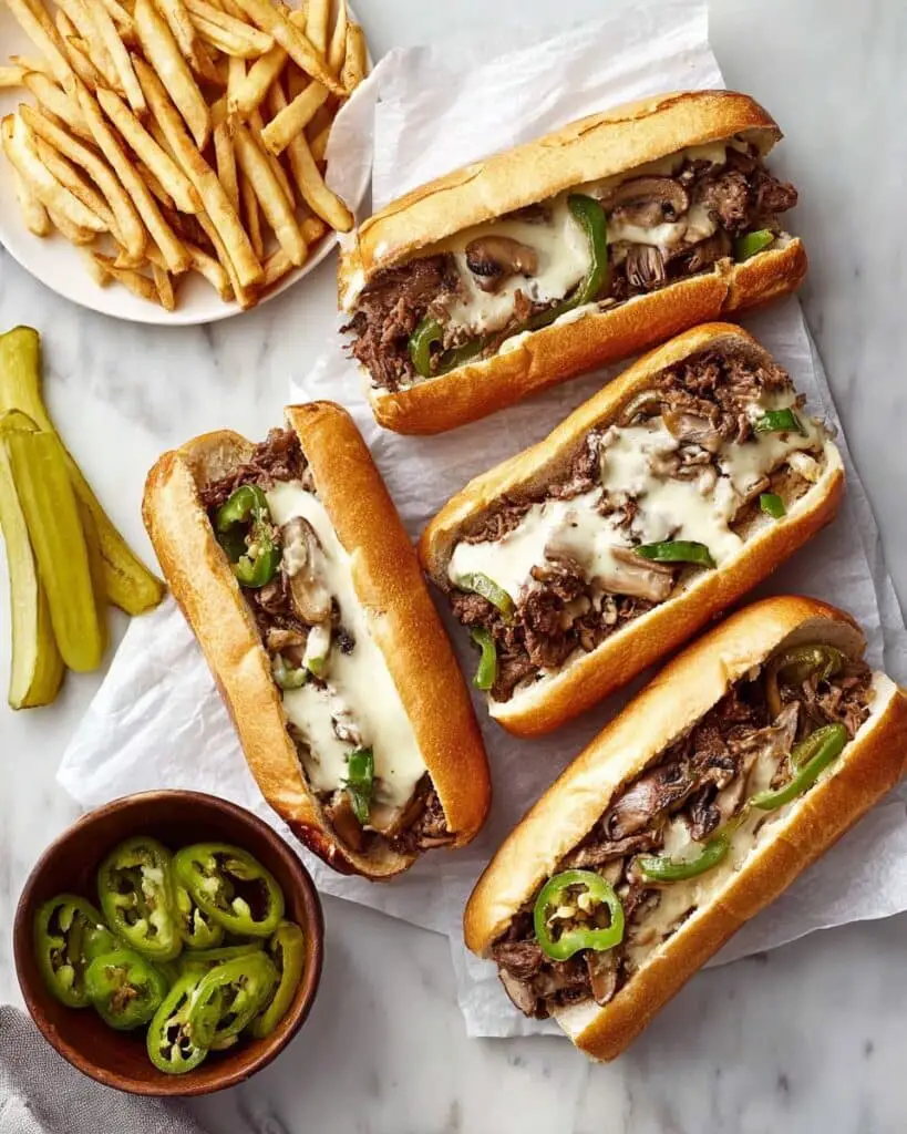 Philly Cheesesteak Sandwiches with Mushrooms, Peppers, and Provolone Recipe