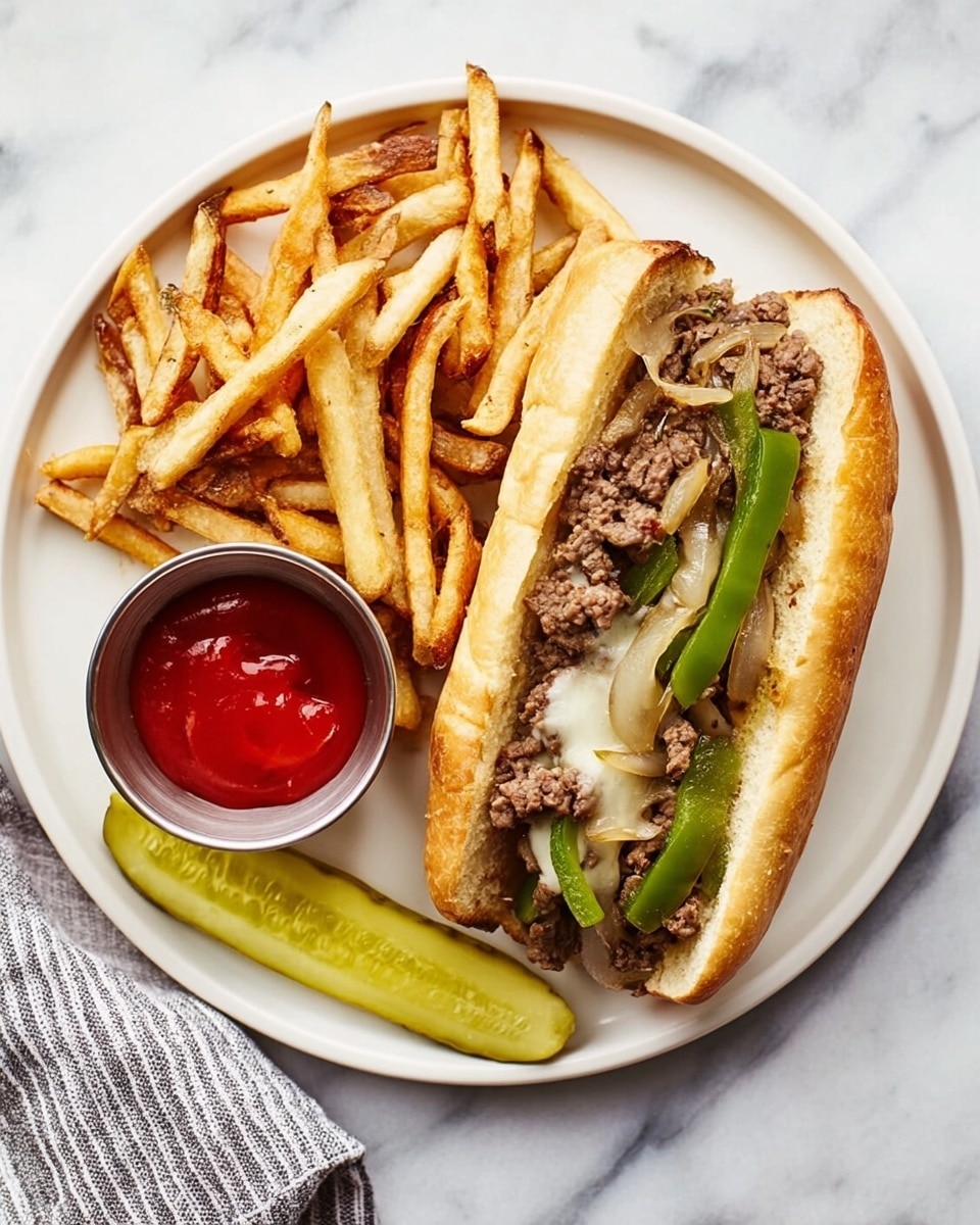 A white round plate on a white marbled surface holds a sandwich and sides. On the right, a toasted long sandwich bun filled with layered cooked ground beef, light melted cheese, green bell pepper strips, and light cooked onions. On the left side of the plate, a pile of golden brown fries next to a small metal cup filled with red ketchup. Below the fries, a light green pickle spear rests at the bottom edge of the plate. A striped cloth napkin is partially visible on the lower right corner. Photo taken with an iphone --ar 4:5 --v 7