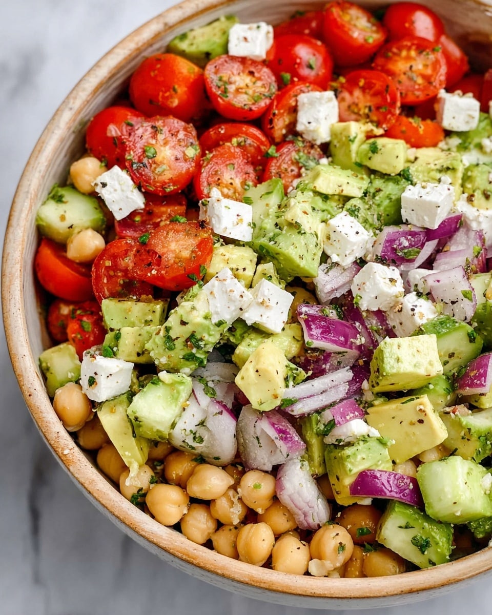A colorful salad is shown in a white wooden bowl on a white marbled surface. The salad has several layers and colors: the base layer consists of light beige chickpeas, scattered throughout. On top, there are bright red halved cherry tomatoes and white cubes of feta cheese. There are also many chunks of light green cucumber and pale green avocado pieces. Thin slices of purple-red onion are mixed in. The salad is sprinkled with finely chopped green herbs and black pepper, giving it a fresh and textured look. photo taken with an iphone --ar 4:5 --v 7